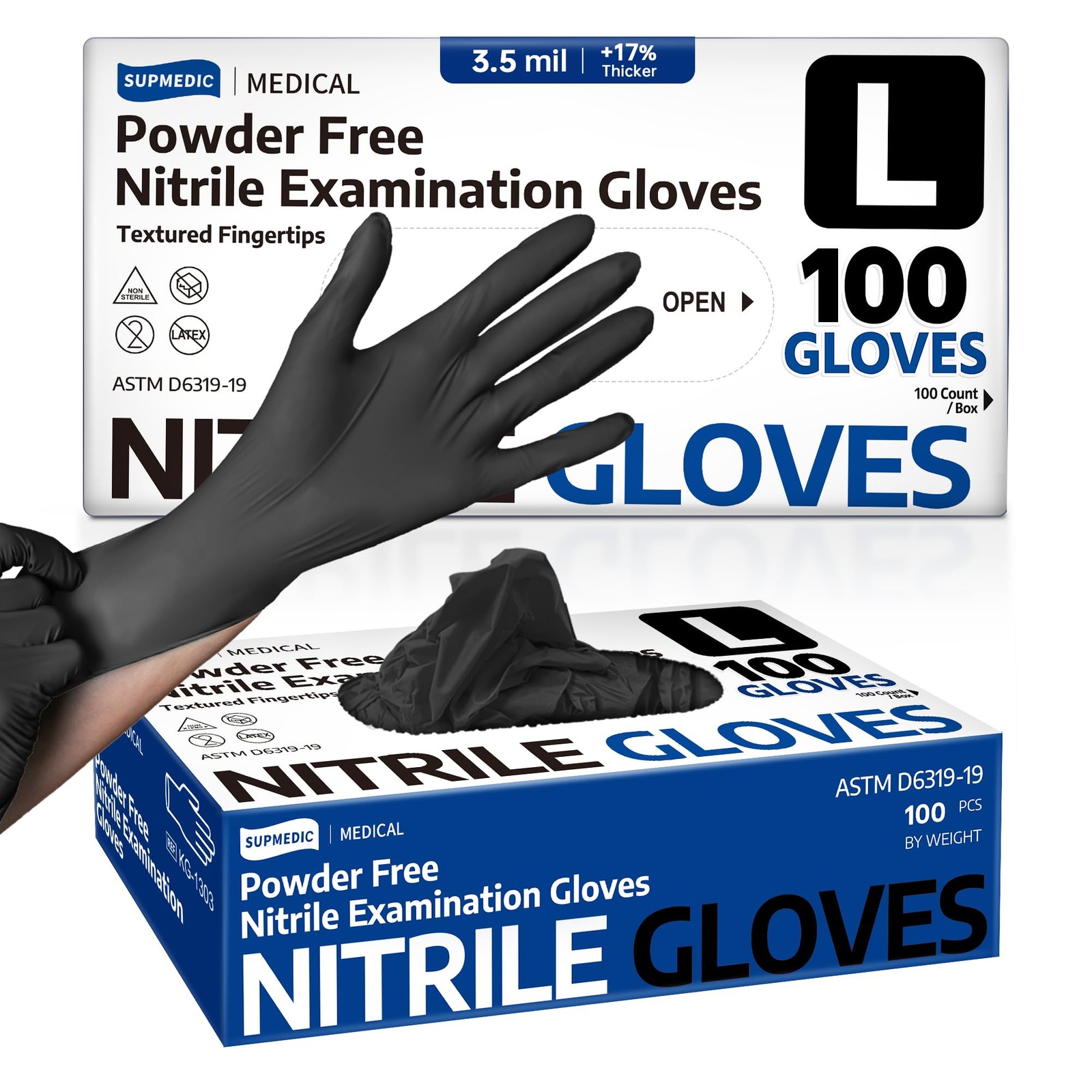 Supmedic Disposable Nitrile Gloves, Chemical Resistant, Large, Large (Black)