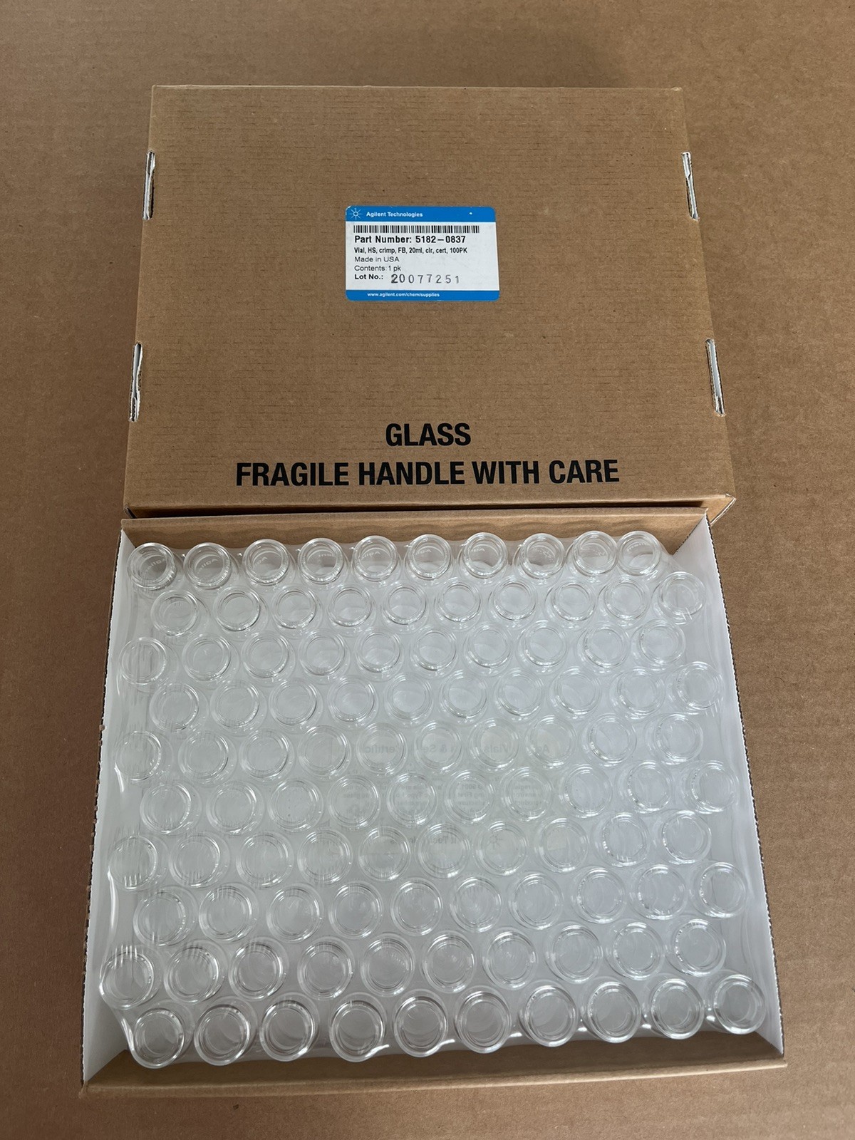 Agilent 5182-0837 20 mL Headspace Vials Crimp Top Clear Glass 100 Pack