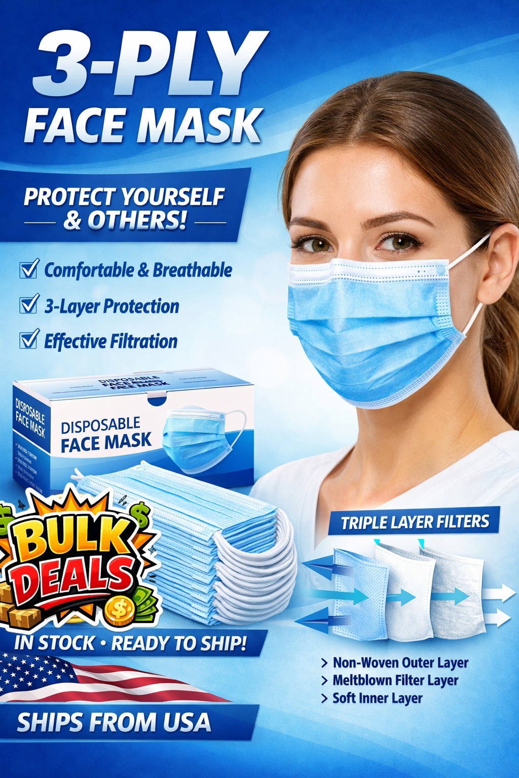 50 PCS Disposable Face Mask 3-Ply Non Medical Surgical Earloop Mouth Dust Cover