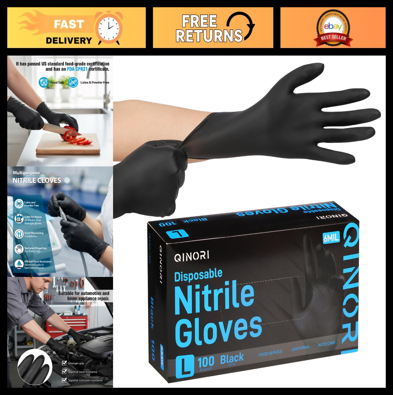 Heavy Duty Disposable Nitrile Gloves 6 Mil Black for Food Handling, Tattoo, Clea