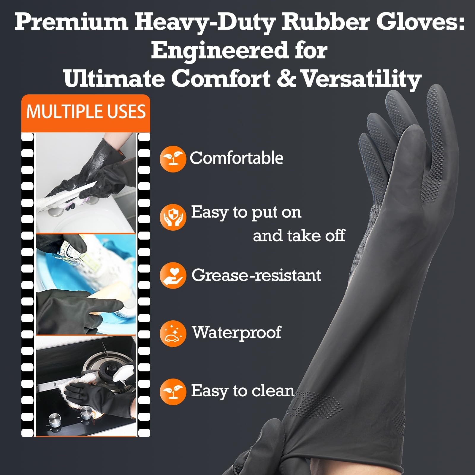 Black Thick Rubber Cleaning Gloves – 2 Pairs of Extra-Large, Reusable, Non-Sl