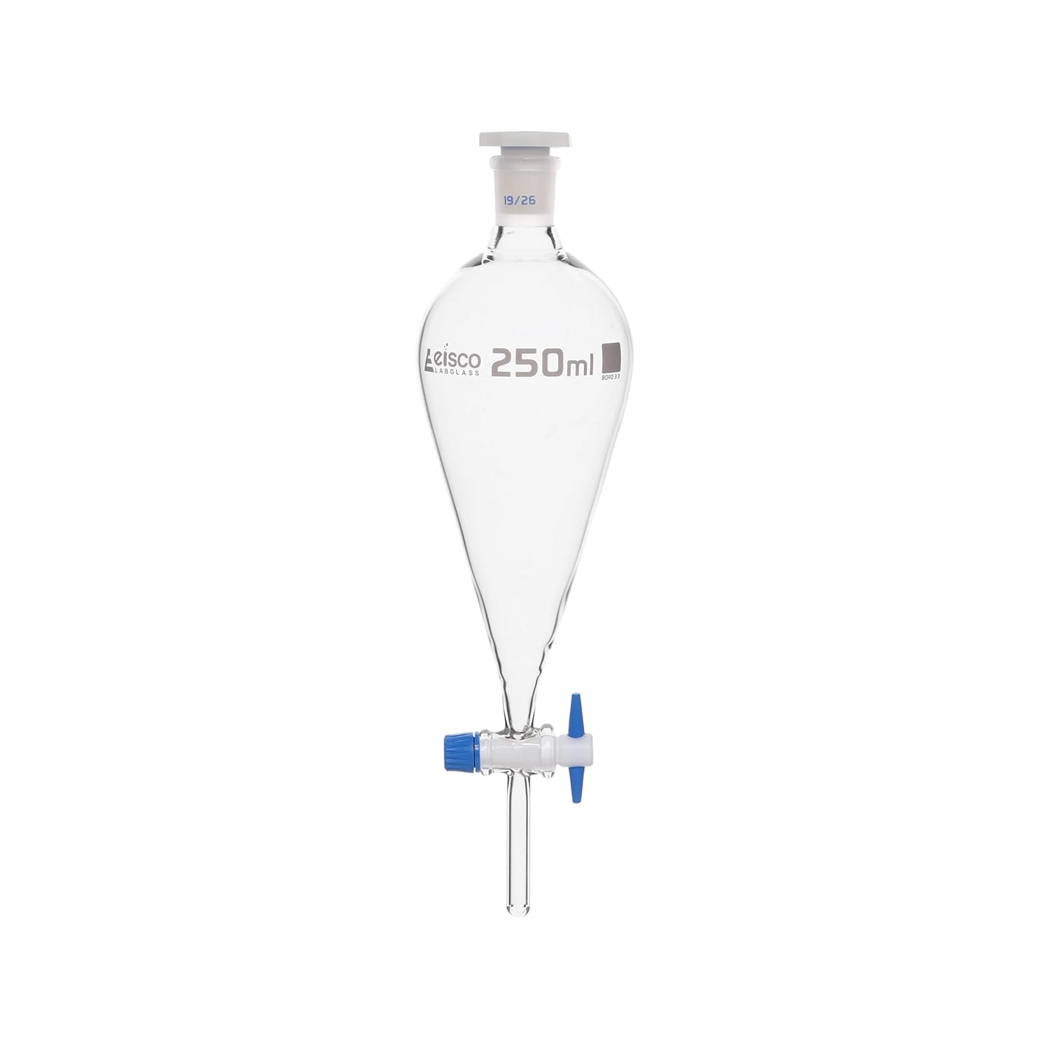 Squibb Separating Funnel, 250Ml – 19/26 Plastic Stopper, PTFE Key Stopcock, Ungr