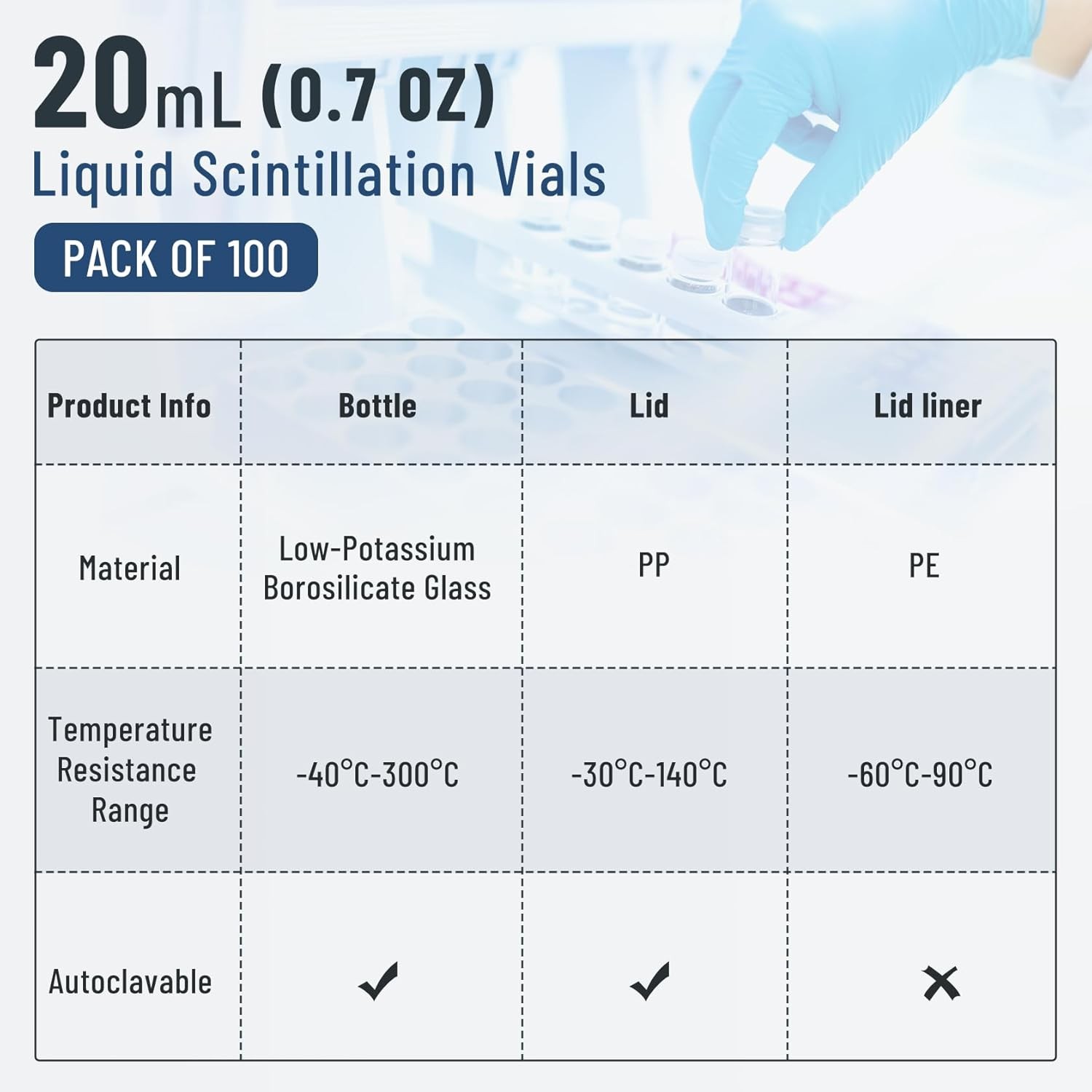 20mL Scintillation Vial Borosilicate w/ Cone Shaped Liner 22-400 Urea Screw Cap