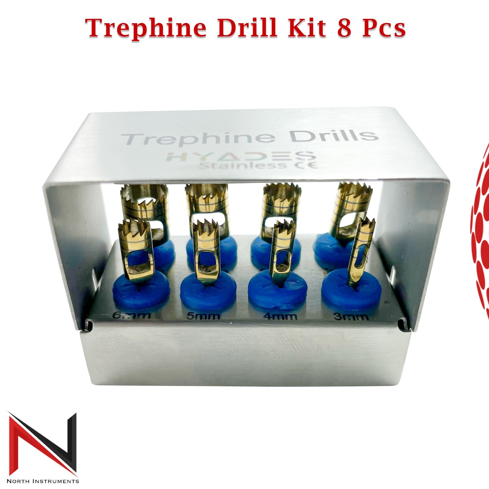 Dental Trephine Drill Kit 8pcs Gold Color Surgical Bur Holder Bone Graft Tool