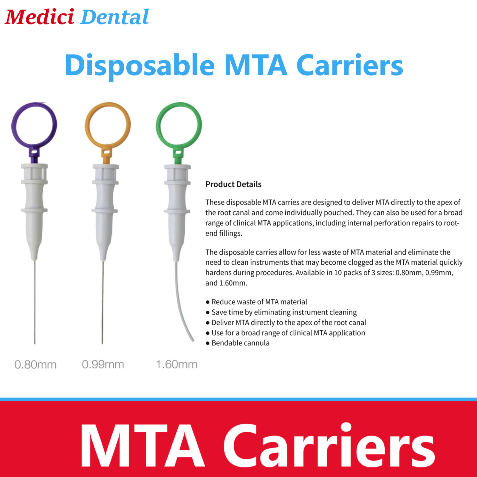 Dental Endo Apex Delivery Disposable MTA Carrier 0.80 mm, 0.99 mm, 1.60 mm, 10Bx