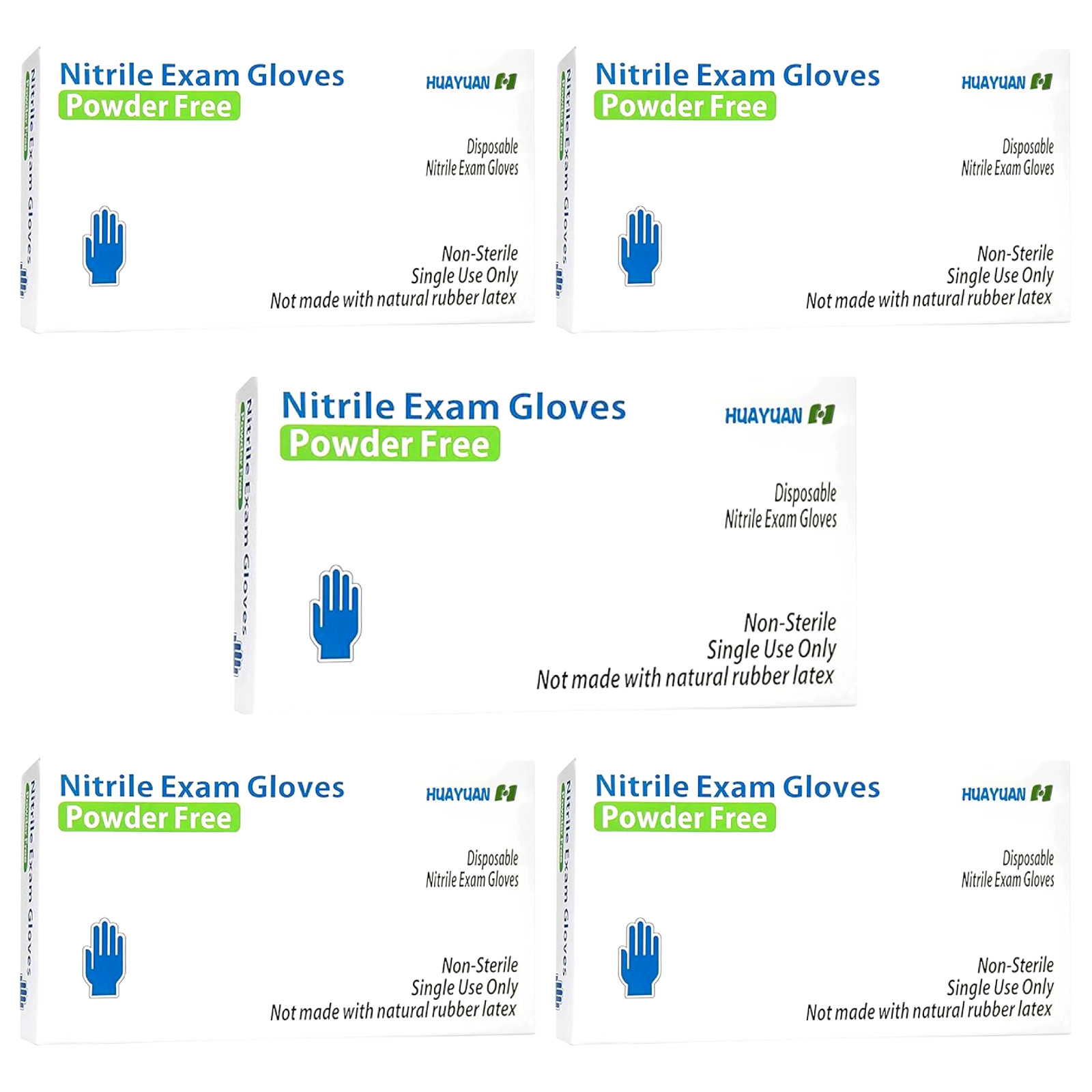 5 boxs of 100 Huayuan Blue Disposable Nitrile Exam Gloves Powder-Free S, M, L NW