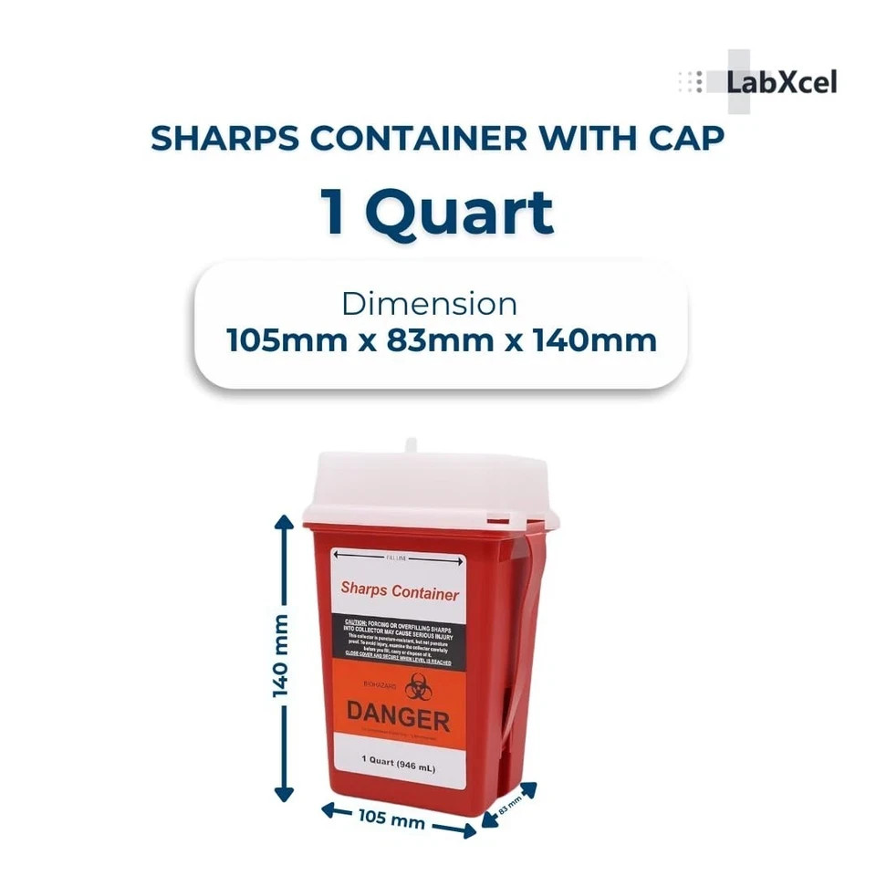 LabXcel 1 Quart Polypropylene Sharps Container Red Needle Disposal Bin 2pcs