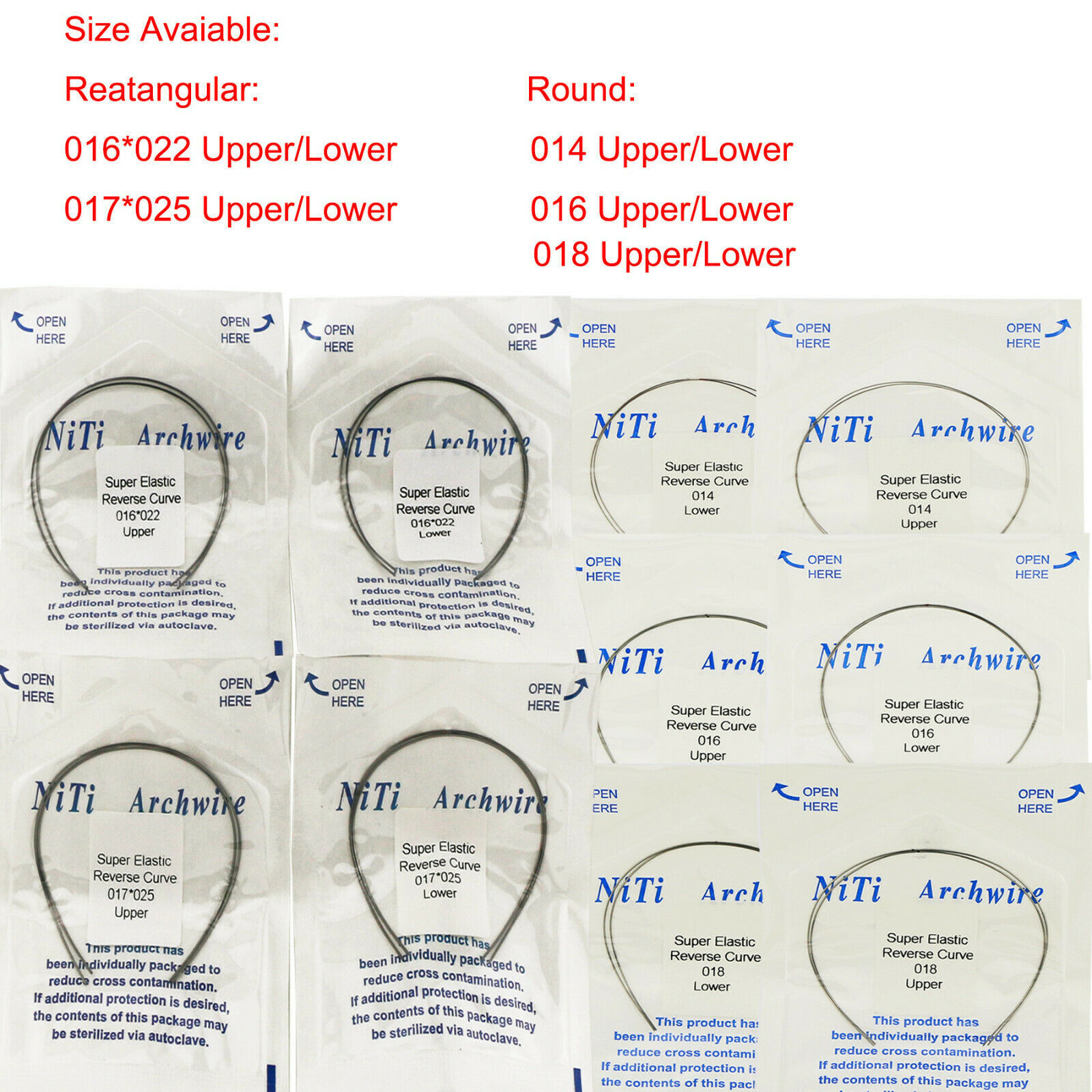 2 Pcs/pack Dental Orthodontic NITI Reverse Curve Arch Wires Rectangular Round
