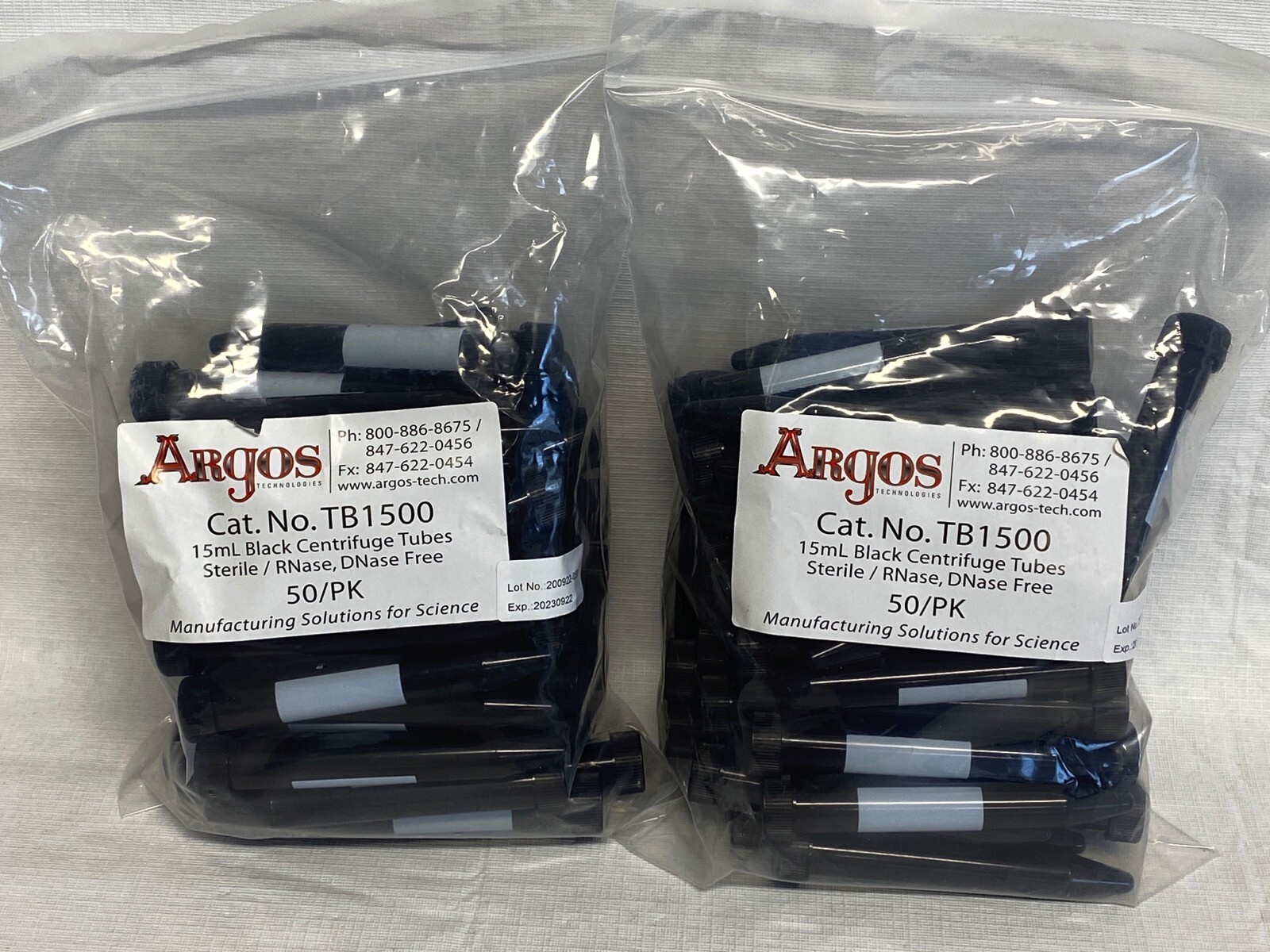 (100) ARGOS 15mL Black Centrifuge Tubes w/Screw Caps Marking Spot TB1500