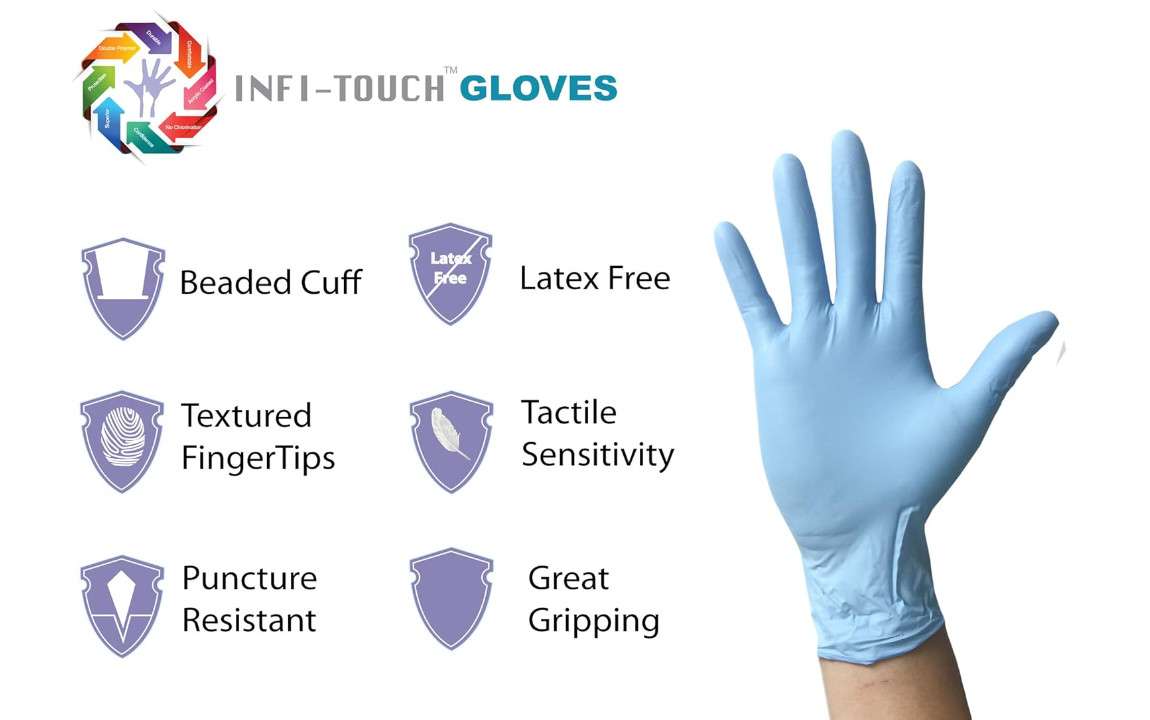 Infi-Touch, Blue Multi Purpose, Medium Duty Disposable Nitrile Gloves, 9.5″