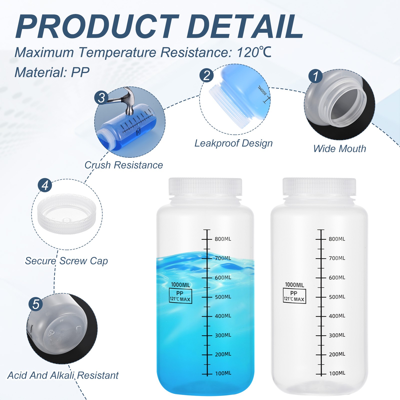 12Pcs Plastic Sample Bottles with Screw Cap, 34 oz 1000ml Reagent Bottles, Clear