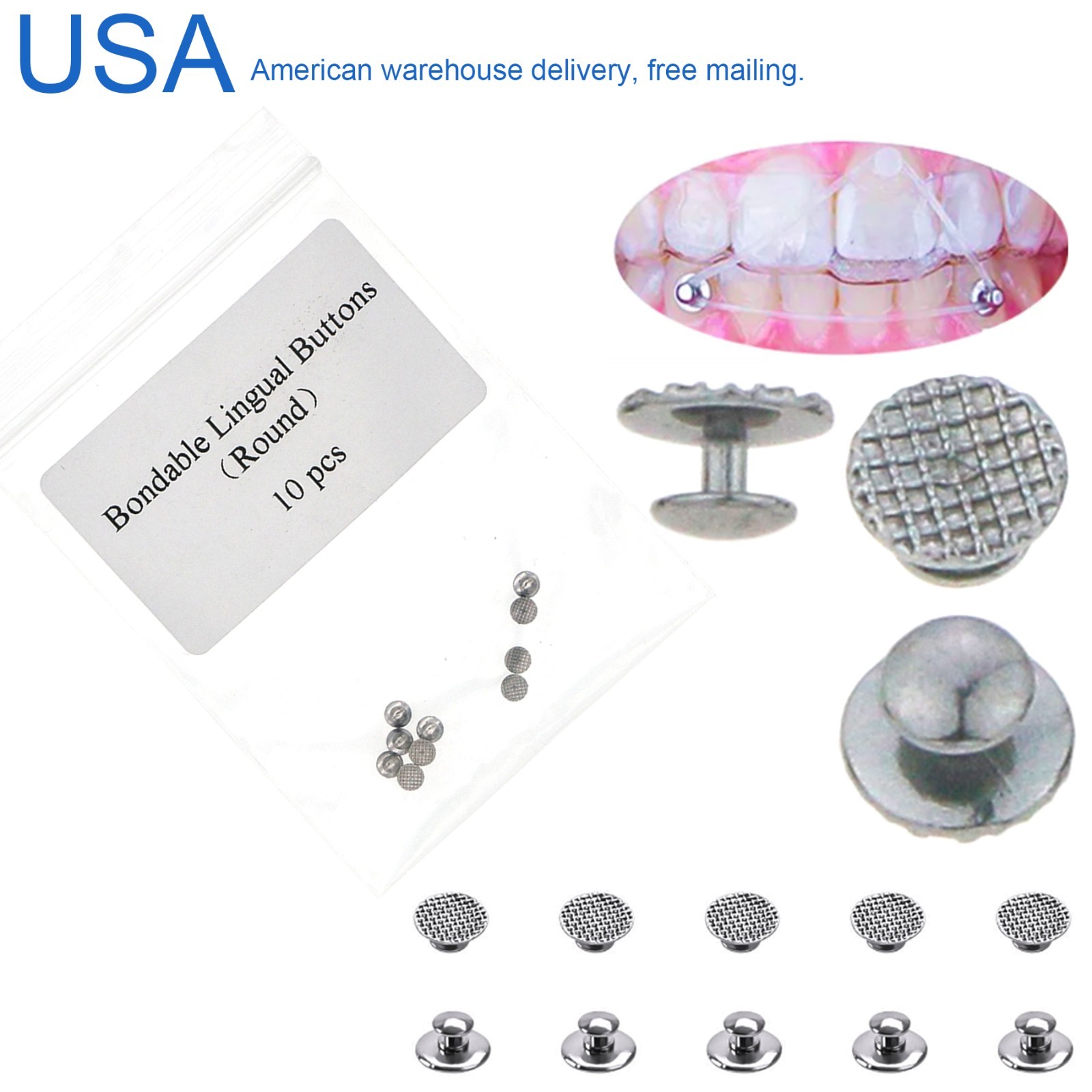 US Dental Ortho Lingual Buttons Bondable Round Mesh Base Metal/Ceramic Composite