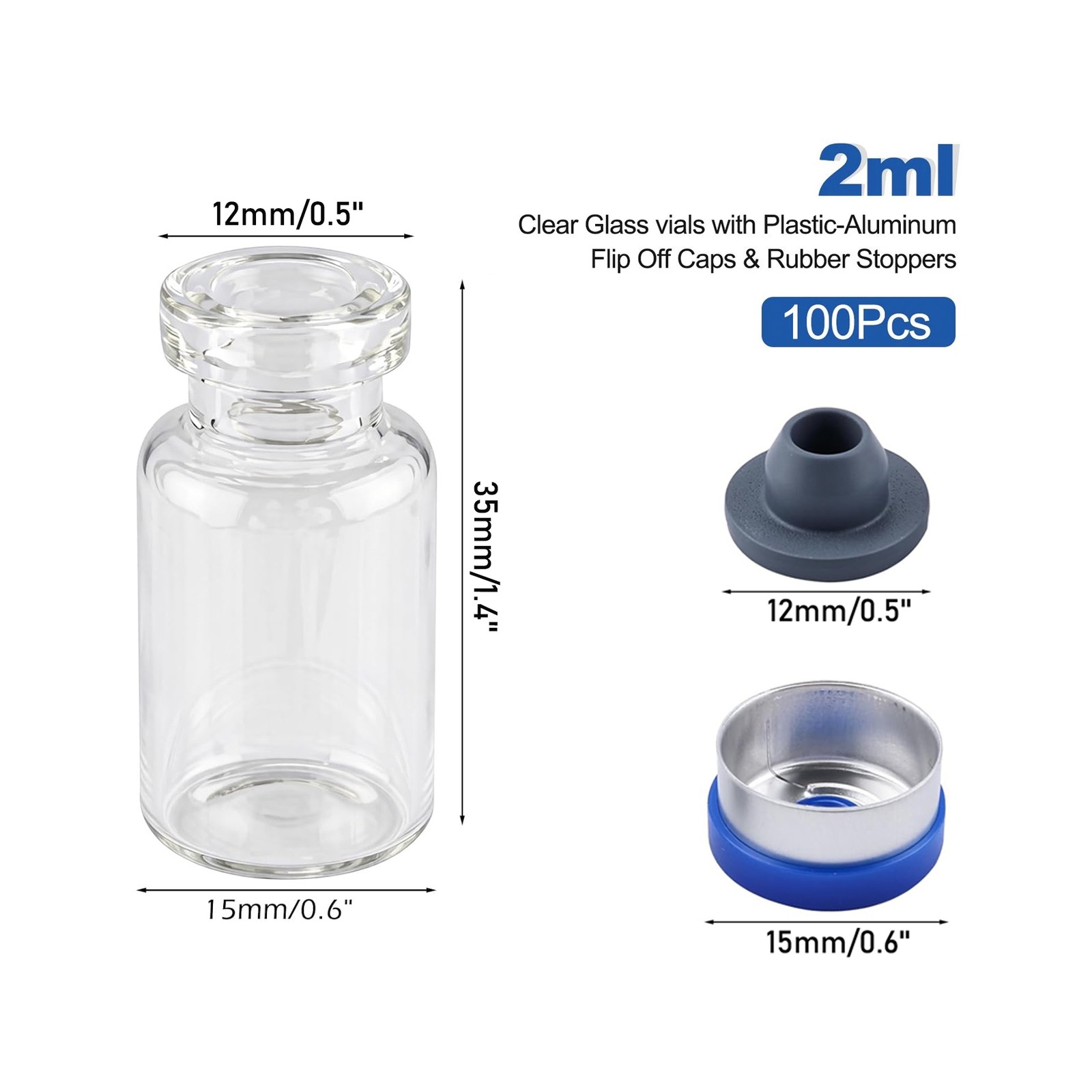 100PCS 2ml Glass Vials Headspace Vials Lab Vials w/ 13mm Caps Crimp Top US