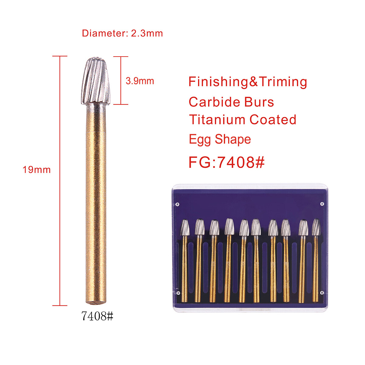 10pcs Dental Tungsten Carbide Burs FG7408 Trimming Egg Shape High Speed