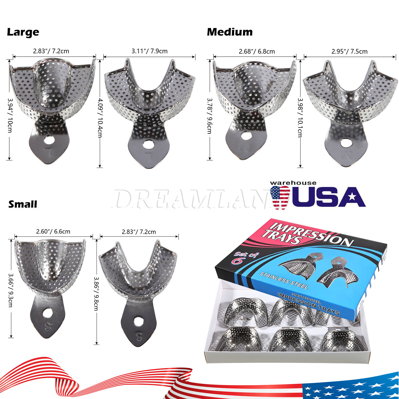 6 Pcs Perforated Metal Dental Impression Trays Set Edentulous Instruments