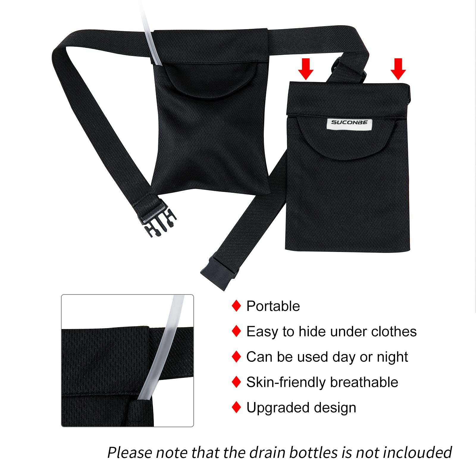 SUCONBE Adjustable Mastectomy Drain Holder Drainage Pouch Two Pockets, Black