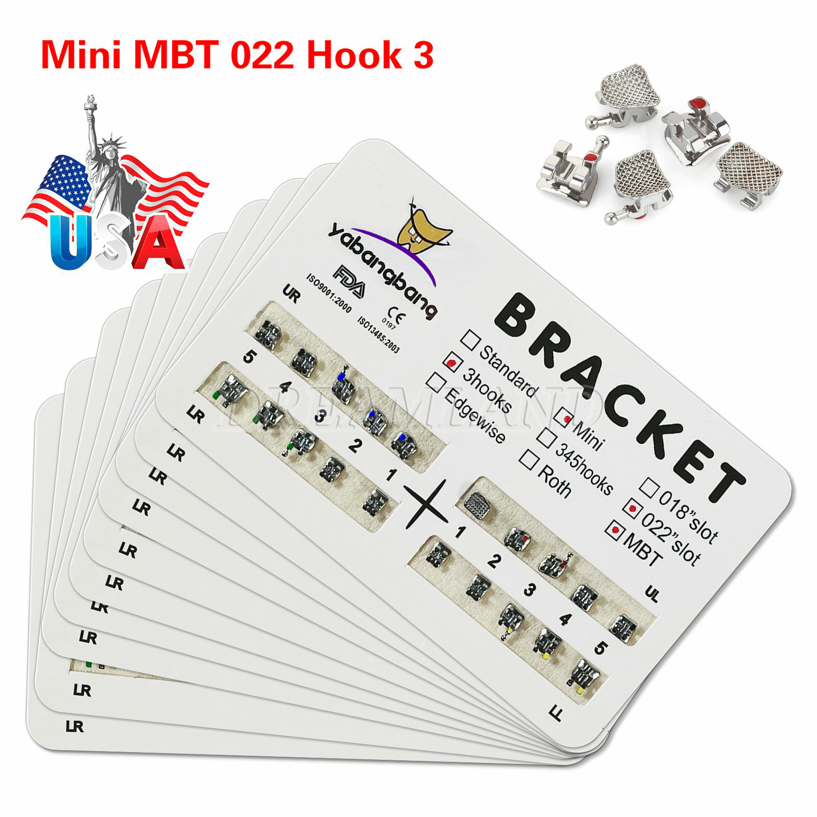 10 Packs Dental Orthodontic Metal Braces Brackets Mini MBT 022″Slot 3 Hooks YBB