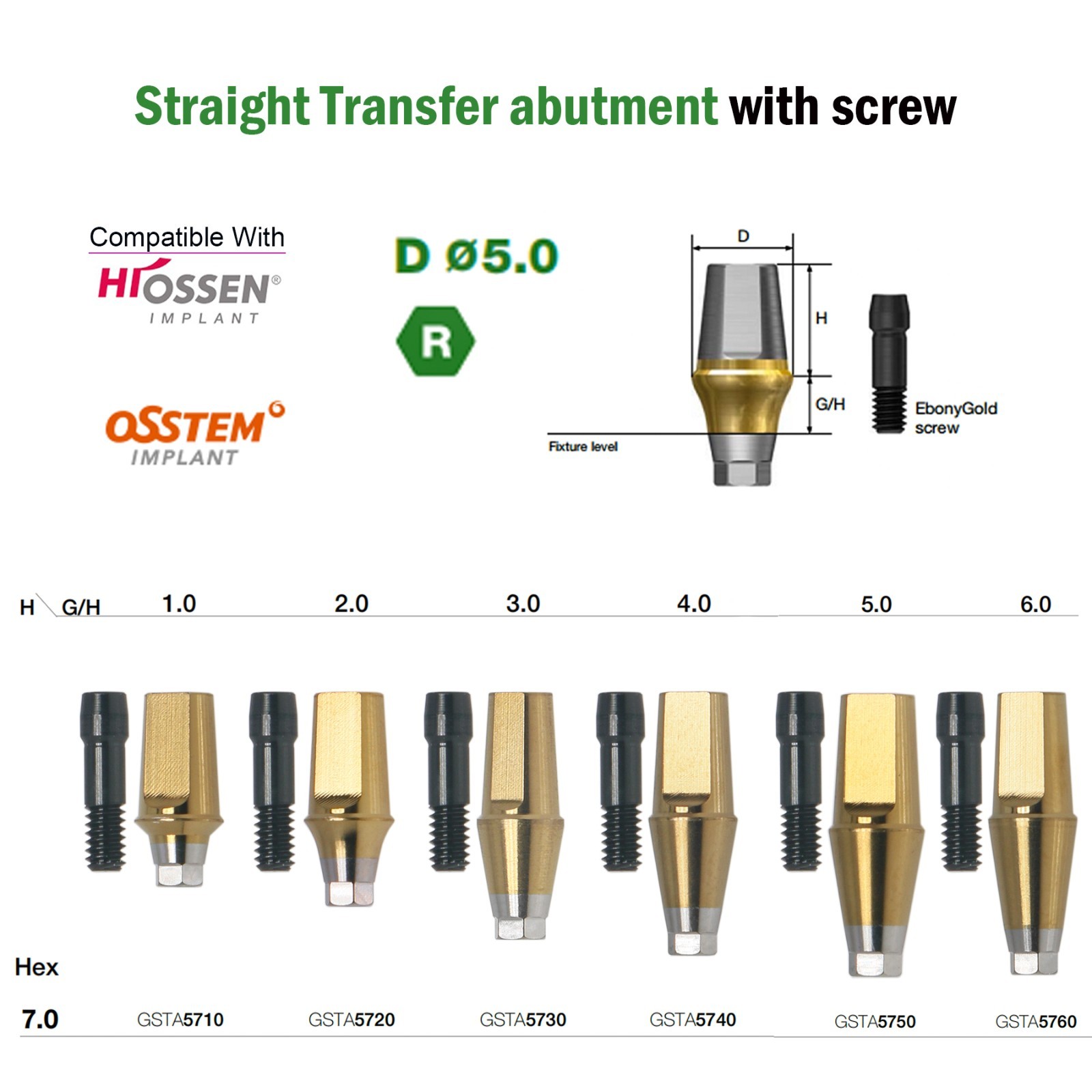 US Regular Straight Transfer Abutment Ø5.0 For Osstem Hiossen Hex 7.0mm Implants
