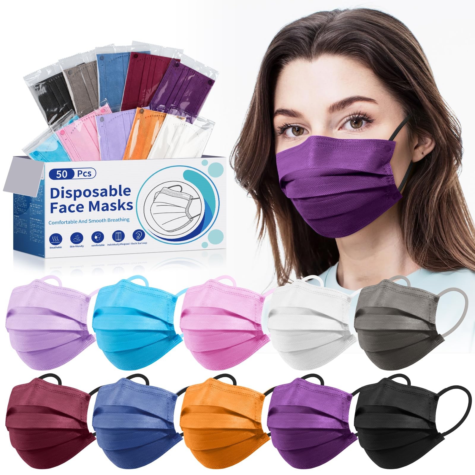 Disposable Face Mask for Adults – 4 Ply 1 Count (Pack of 50), New-10 Colors