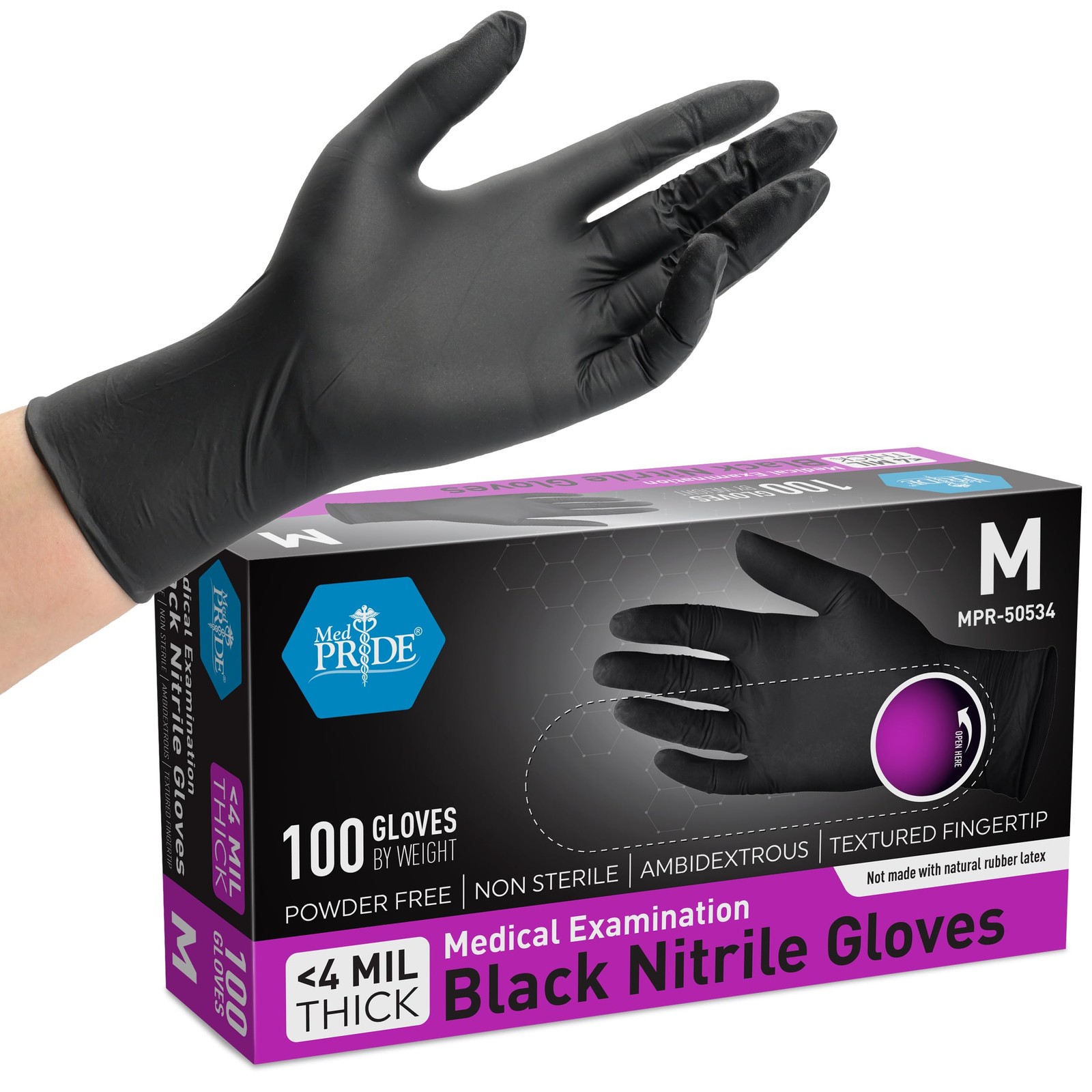 MED PRIDE Black Nitrile Medical Examination Medium (Pack of 100), Box/100