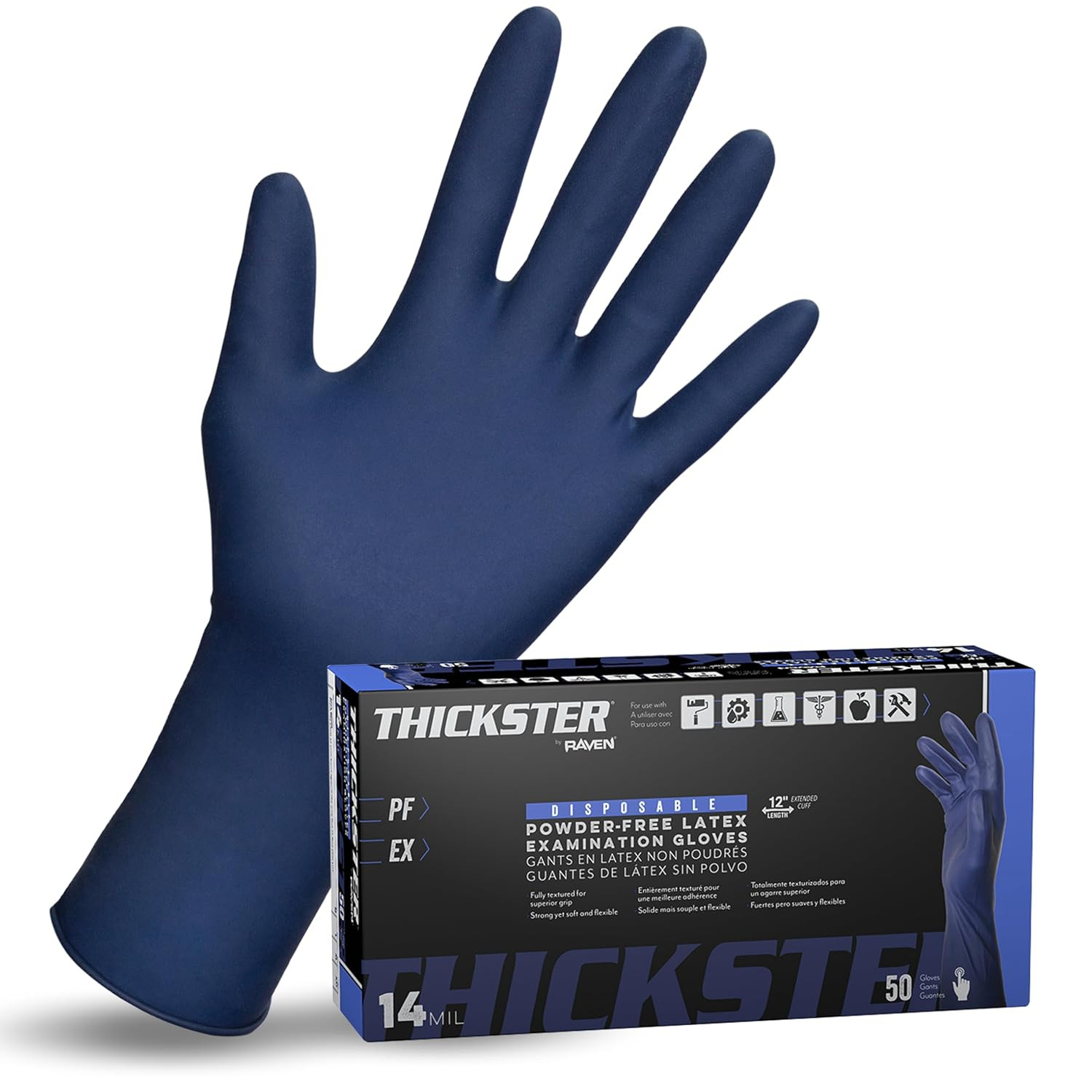 Thickster Powder-Free Exam Grade Latex Disposable Gloves. Size Large. Blue, 14 M