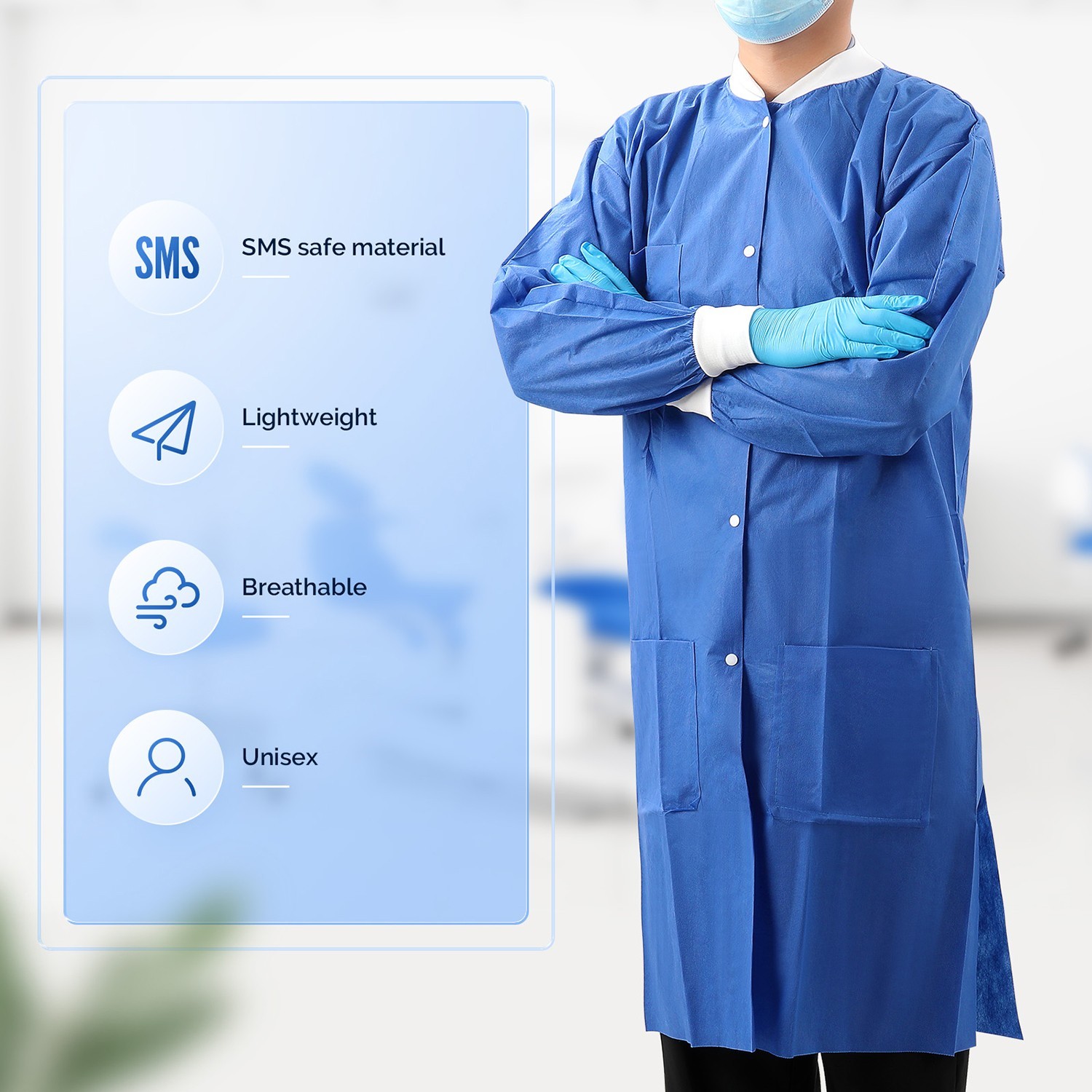 Disposable Lab Coat Isolation Gowns Knitted Collar Cuffs with 3 Pockets SMS