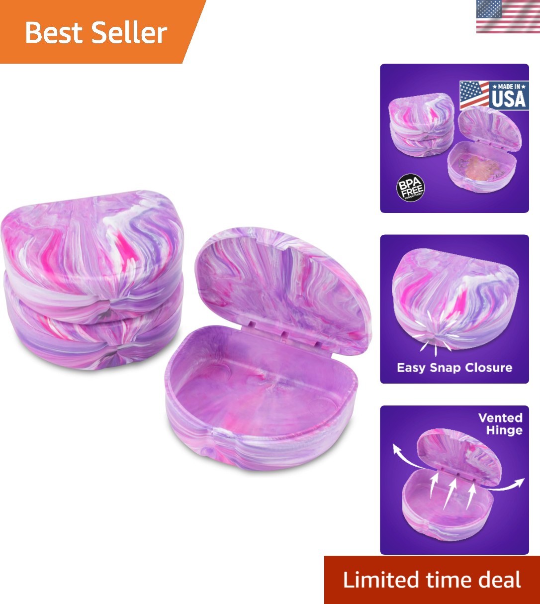 Compact Marble Orthodontic Aligner Cases – 3 Pack in Pink & Purple, Lightweight