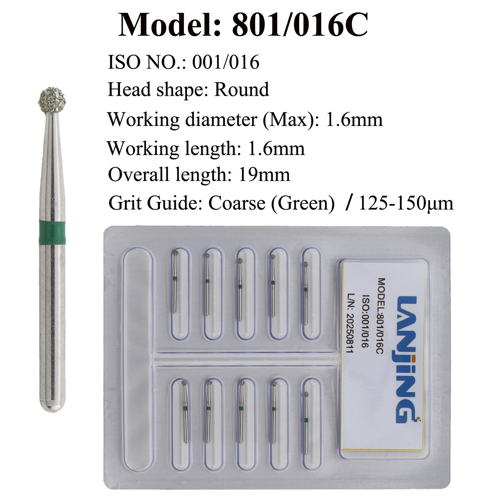 Dental Round Diamond Burs FG 801 801L-012 016 018 Bur Fine Super Coarse Medium