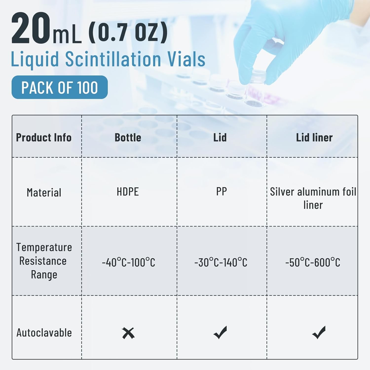 100pcs 20ml Scintillation Vials Plastic HDPE Counting Vials Small Sample Vials