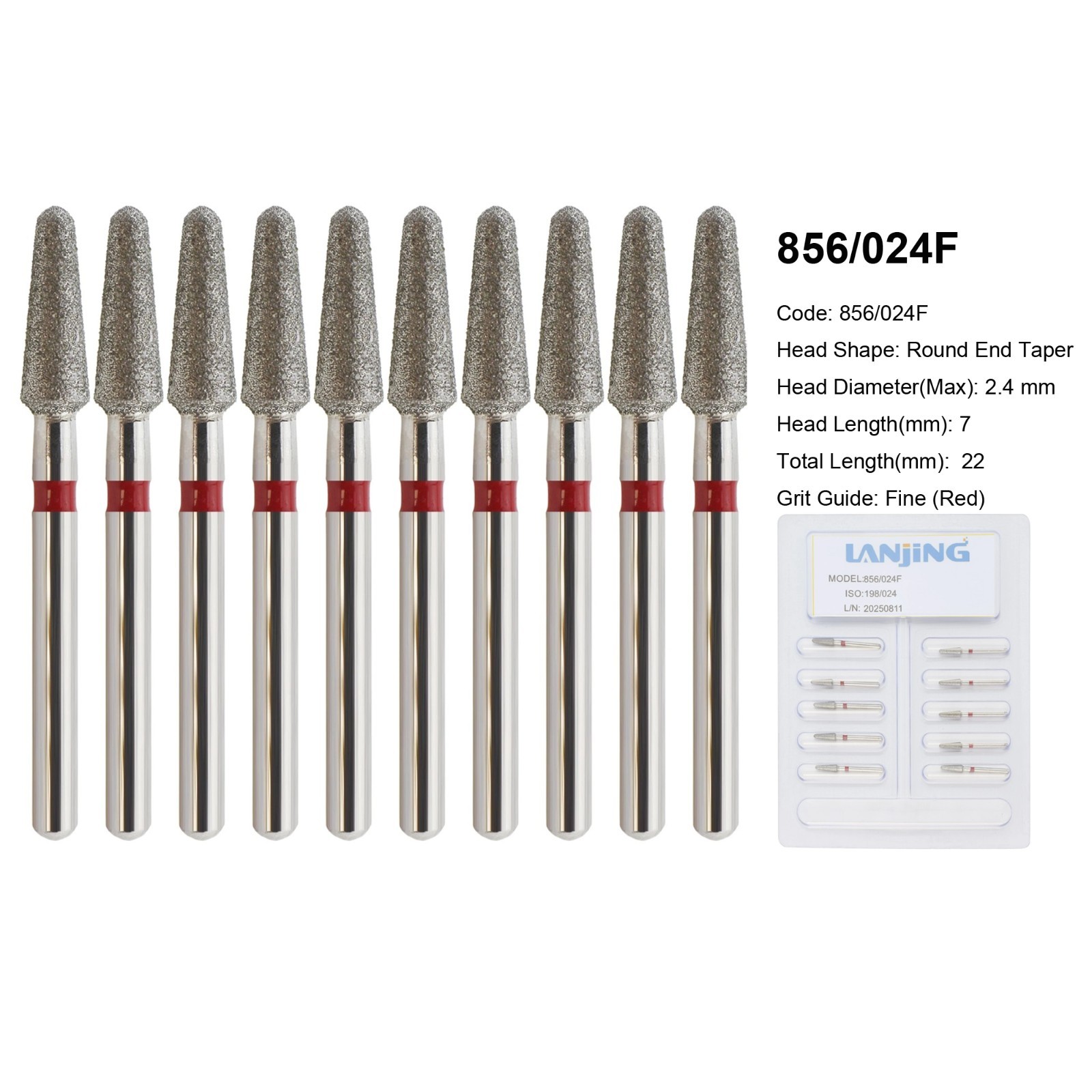 Dental Diamond Burs FG 856/024F Round End Taper Fine Grit Red High Speed