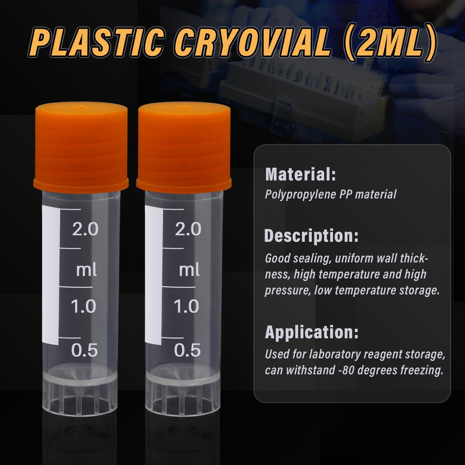 100 PCS 2ml Sample Plastic Centrifuge Tubes Cryogenic Vials Screw Caps Orange