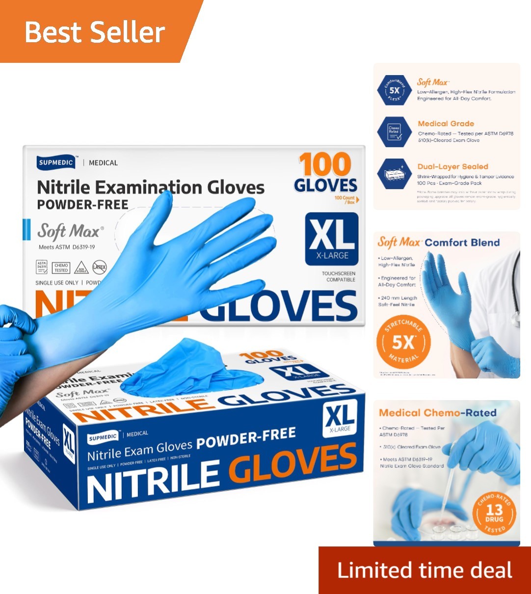 Medical Soft Max Nitrile Exam Gloves – Latex-Free, Powder-Free, Food Safe, 10…