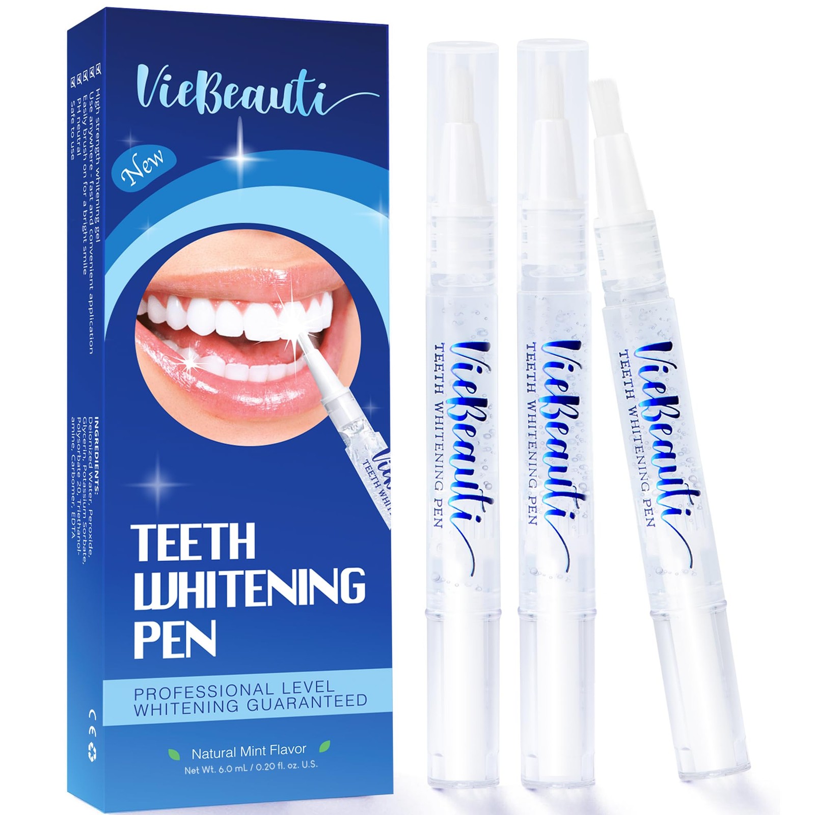 VieBeauti Teeth Whitening Pen (3 Pcs), 30+ Uses, 0.07 Fl Oz (Pack of 3), Blue