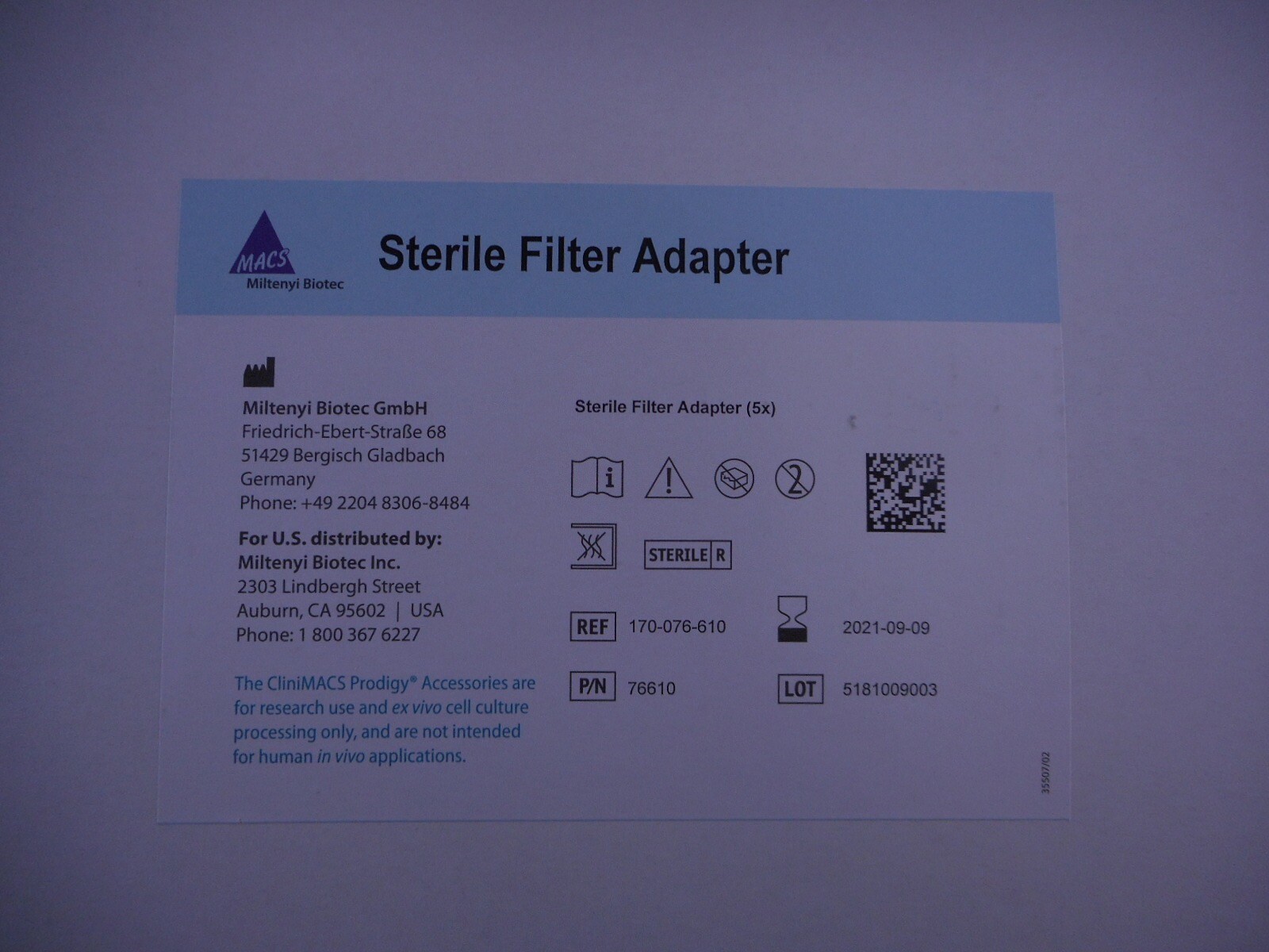MILTENYI BIOTEC Filter Adapter Sterile for Spikeable Containers 170-076-610 5PK