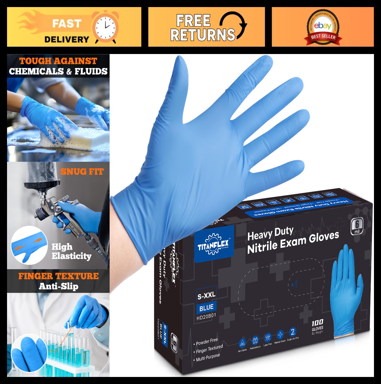 Heavy Duty Blue Nitrile Exam Gloves, 6-mil, Latex Free, Powder Free, Disposable