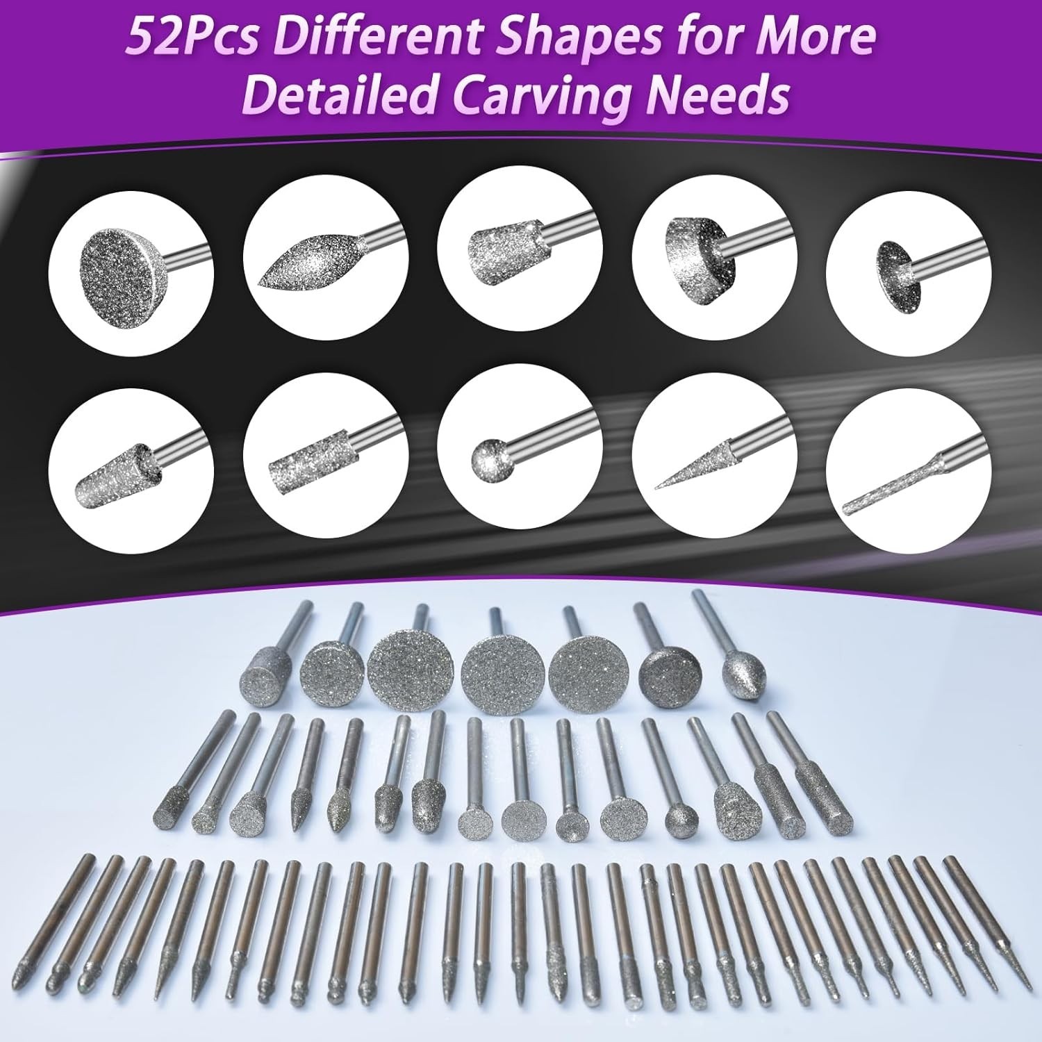 Multi-Shape Diamond Grinding Bit Set for Dremel – 52pcs for Precision Crafting