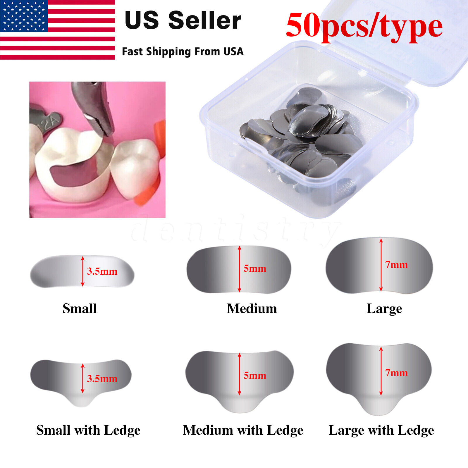 50 Pcs Dental Metal Matrices Sectional Contoured Matrix Refill Hard band S/M/L
