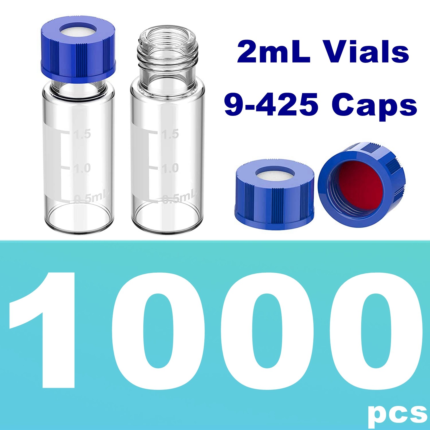 1000PCS 2ml Autosampler Clear Glass Vials +Screw Cap White Silicone Red PTFE LAB