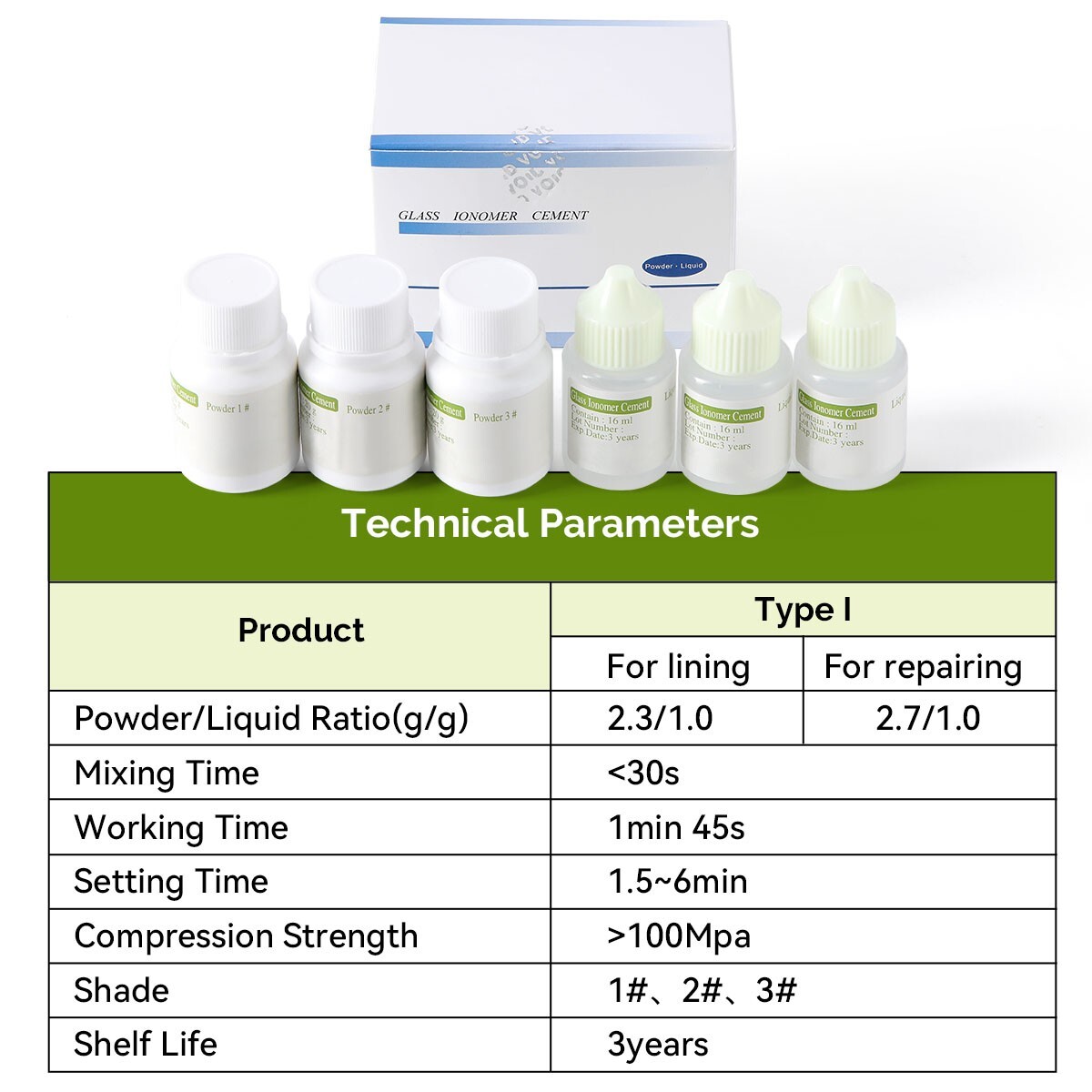 Kit de cemento de ionómero de vidrio dental resina para revestimiento y restaura