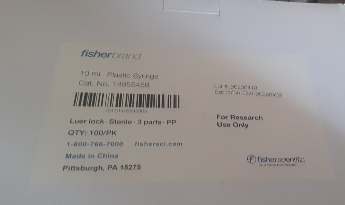 FISHERBRAND 10mL Disposable PP Plastic Luer-Lock (100) 14955459 EXP 2026