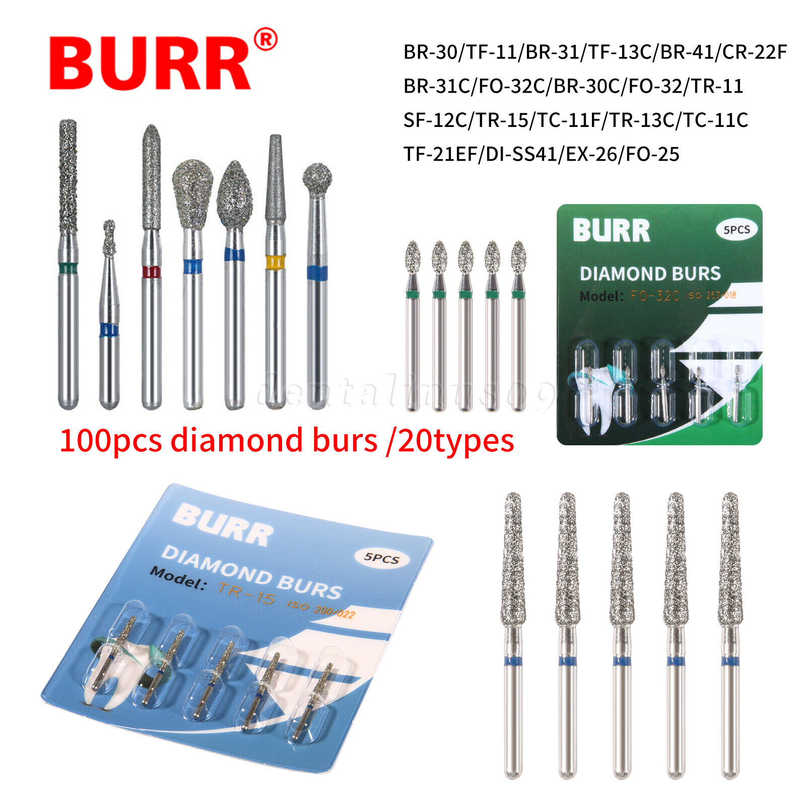 20 Boxes Dental Diamond Burs For High Speed Handpiece FG 1.6MM 20 Types 100pcs d