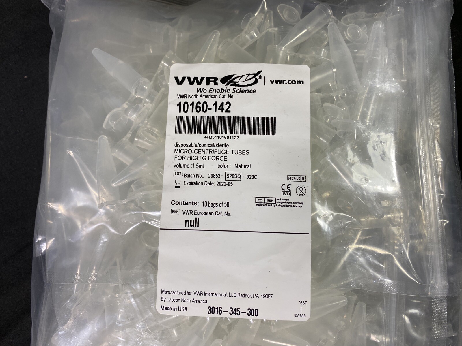 VWR 1.5mL Disposable Microcentrifuge Tubes with Snap Cap 10160-142 (500/pk)
