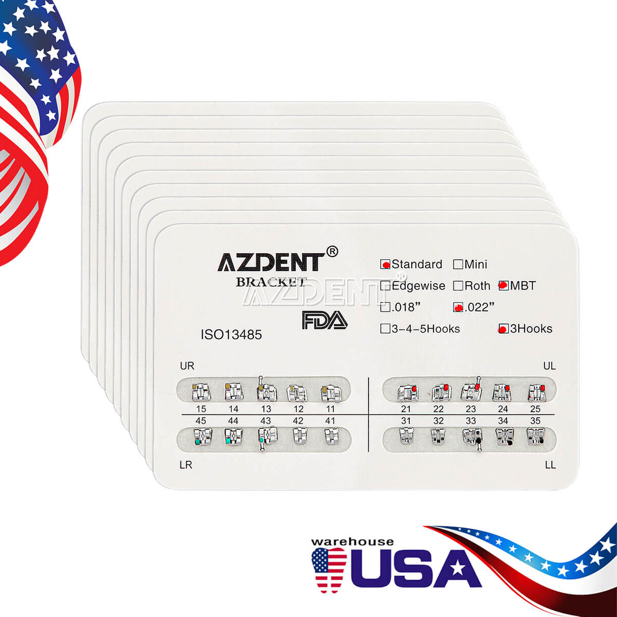 USA AZDENT Dental Orthodontic Metal Brackets Braces Standard MBT.022 Hooks 3