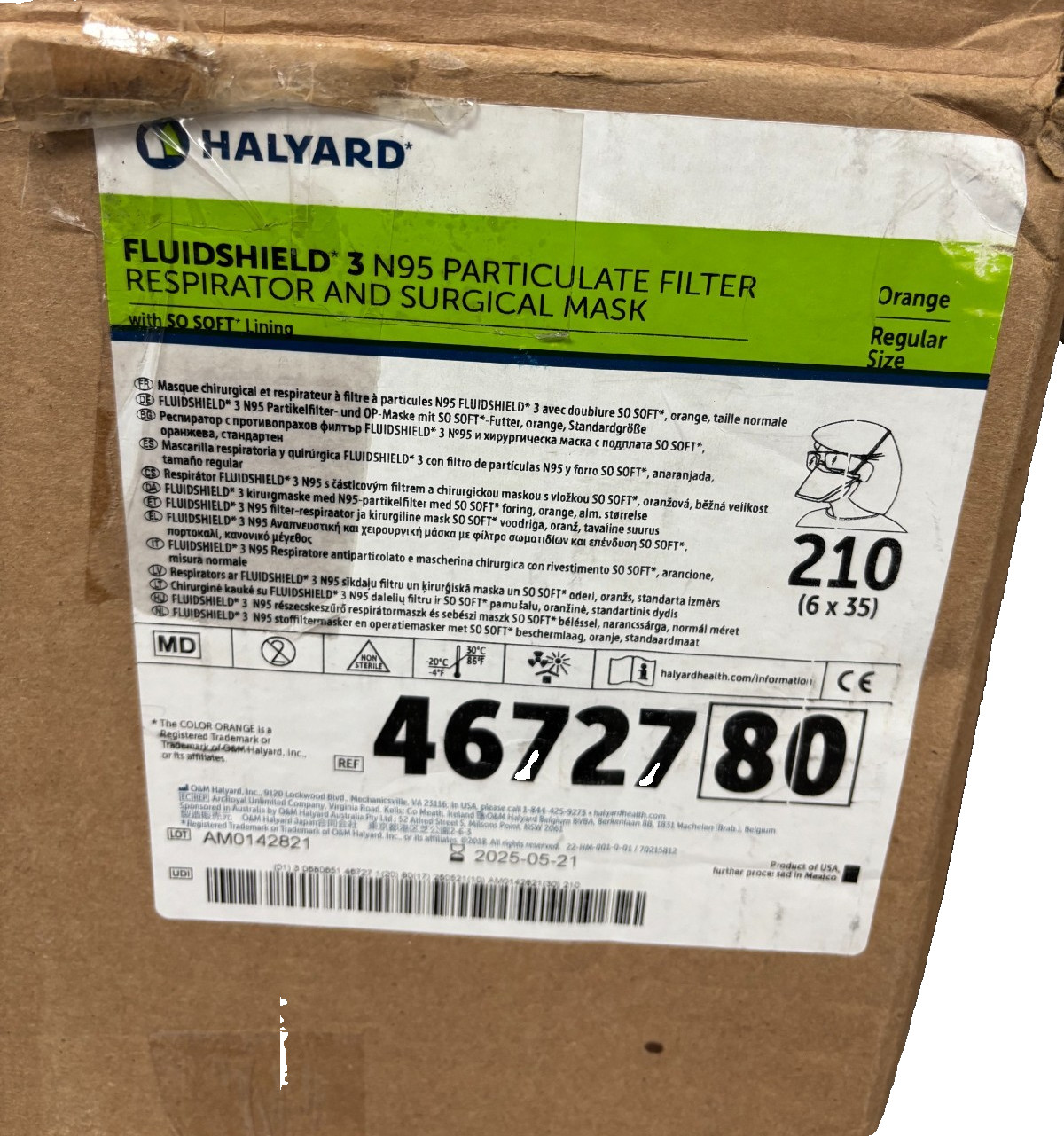 HALYARD FLUIDSHIELD N95 46727 Level 3 Mask 6 bx/35 (Cs of 210) Expired 5/2025