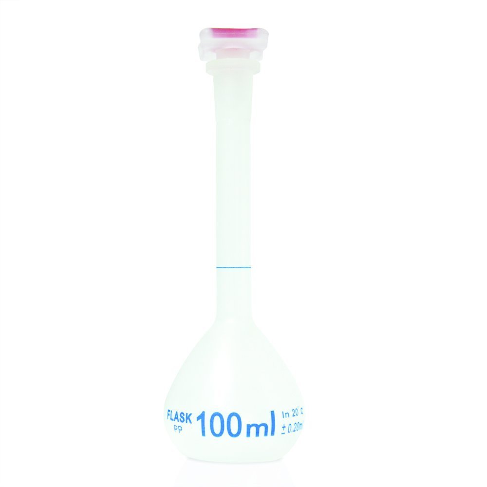 100ml Graduated Volumetric Flask, PP with Plug Cap. Karter Scientific 229W4