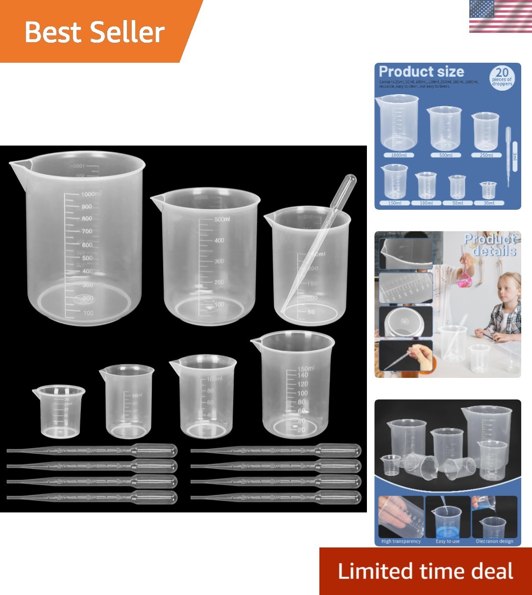 Versatile 7-Piece Clear Measuring Beaker Set (30ml-1000ml) with 20 3ml Droppers