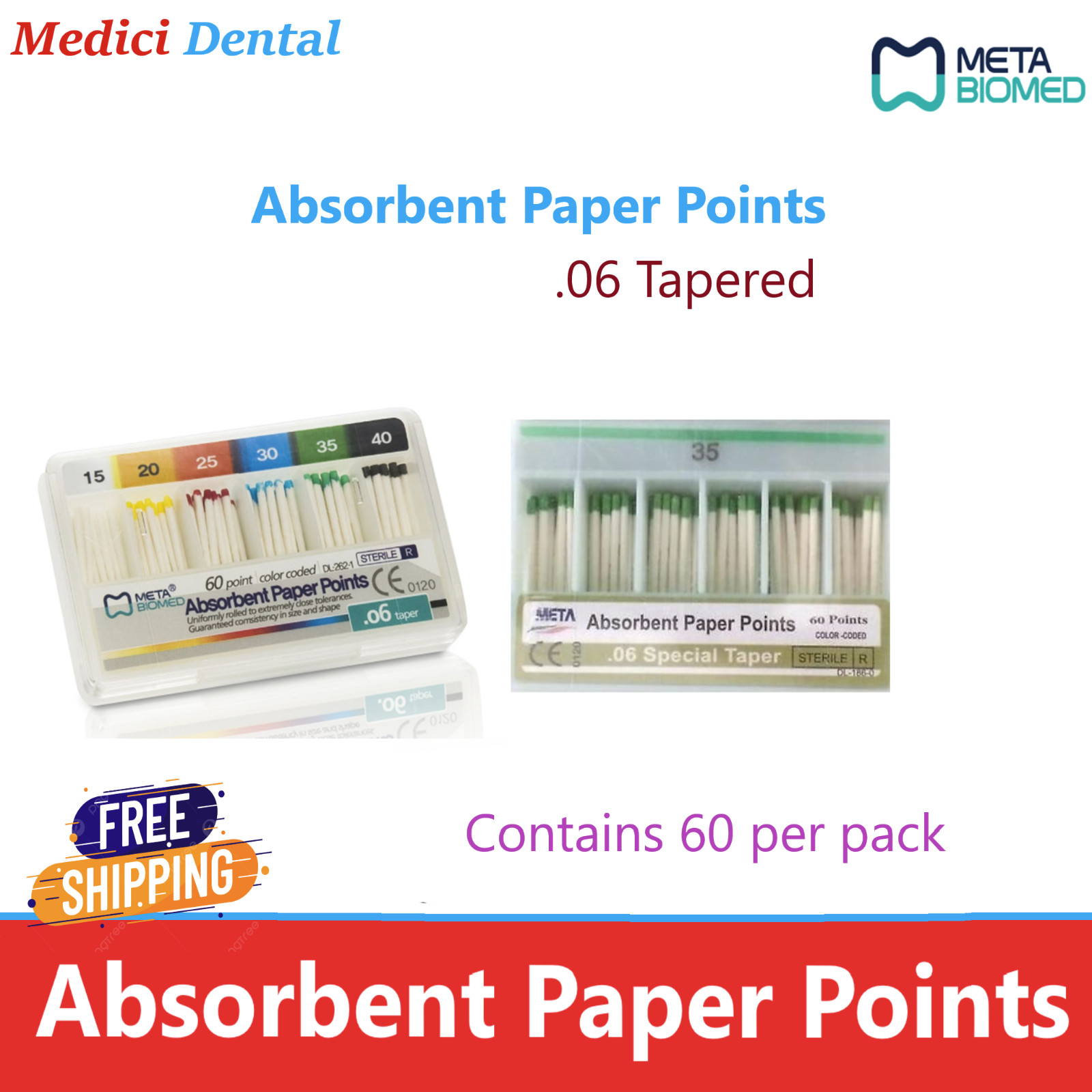 Dental META Absorbent Paper Points Endo Taper .06 or .04 , CHOOSE SIZE, 60/pk.