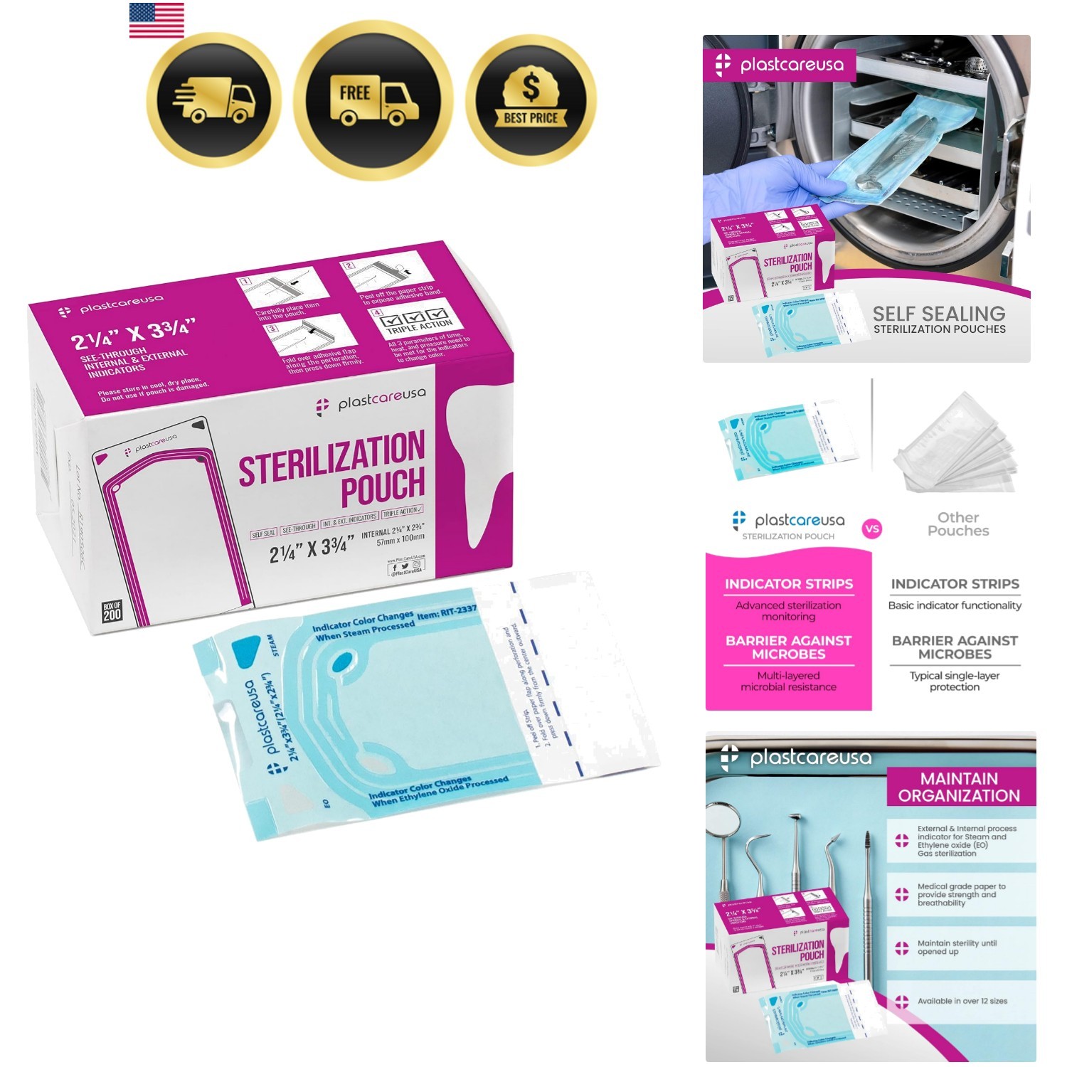 200 2.25 x 2.75 Inch Self Sealing Sterilization Autoclave Pouch Bags with Ind…