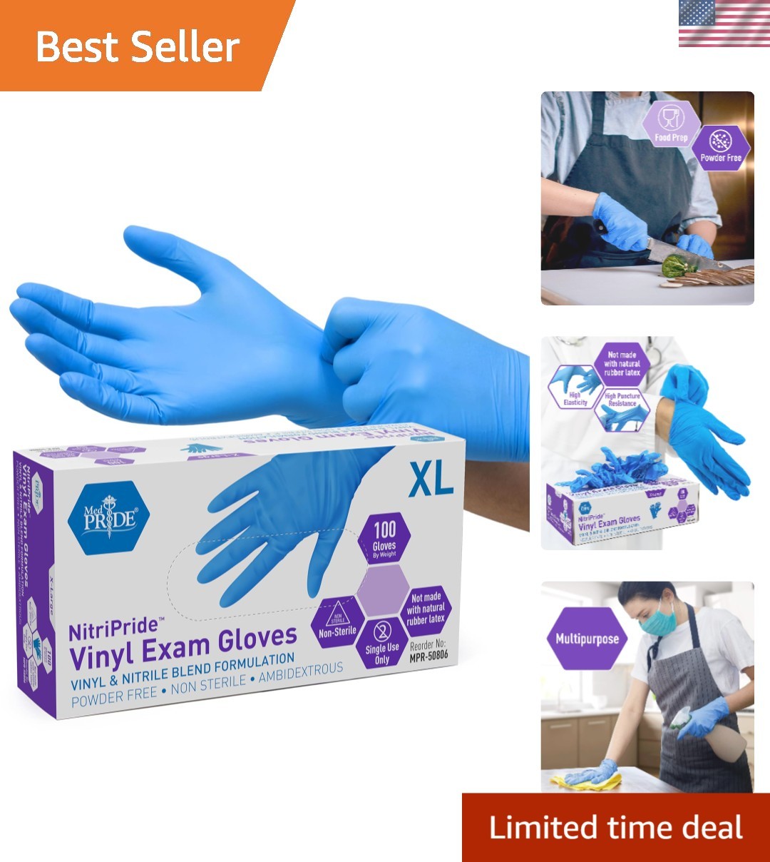 Blue Nitrile/Vinyl Blend Exam Gloves, Latex-Free & Hypoallergenic – Box of 100