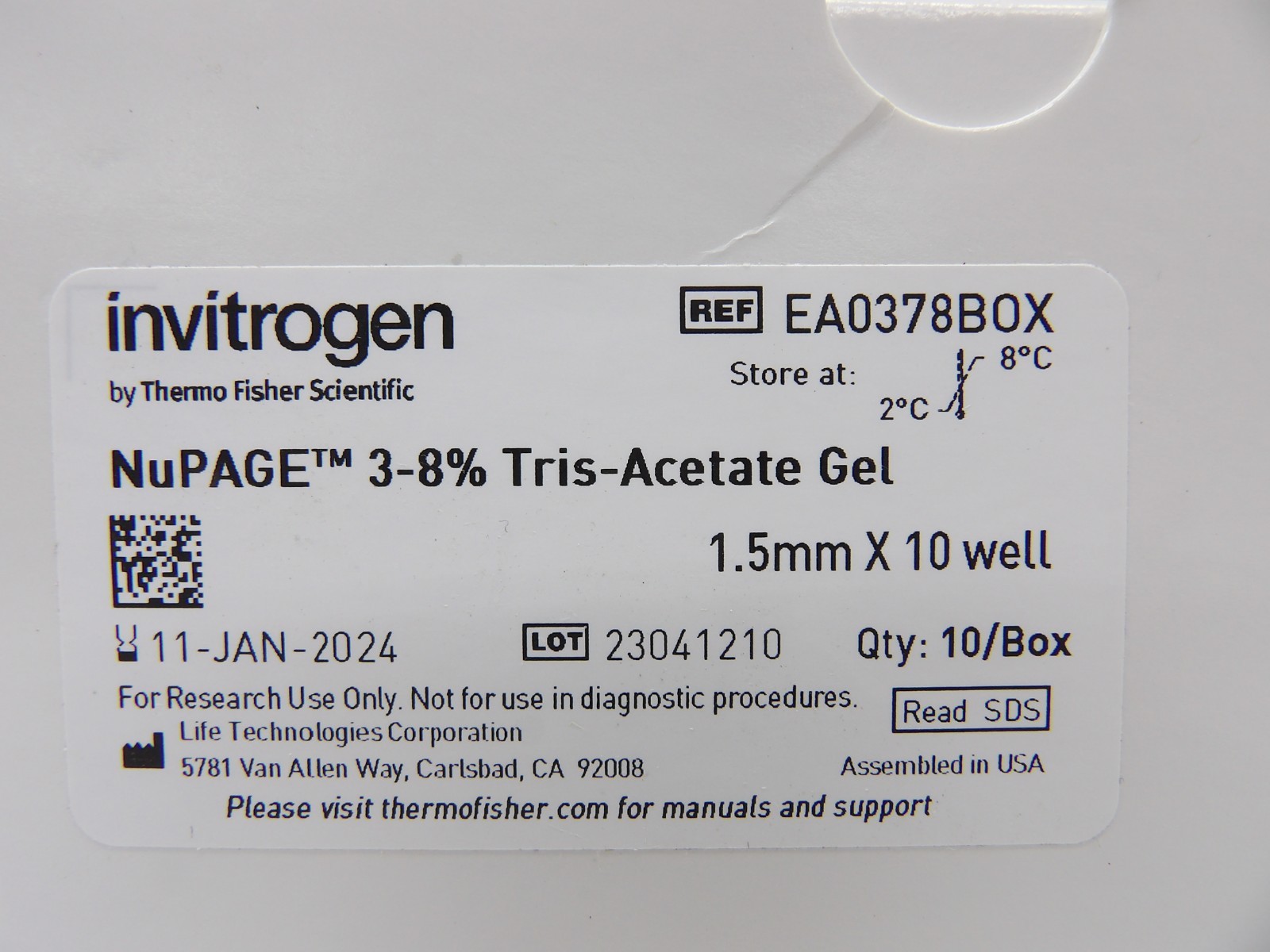 Invitrogen EA0378BOX NuPAGE 3-8% Tris-Acetate Gel 1.5mm x 10 well Qty: 10/Box